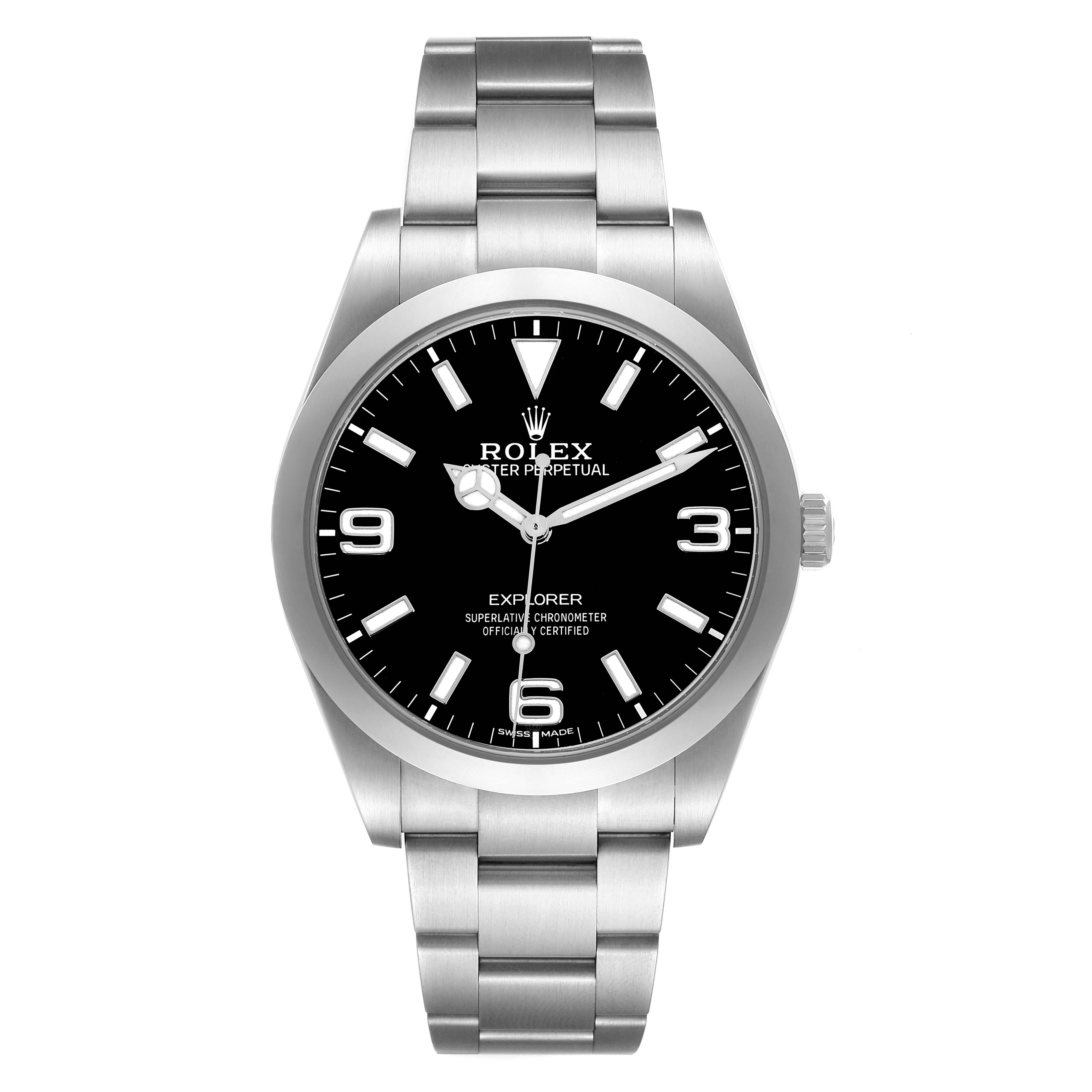 The Rolex Explorer 214270 Men
s Stainless Steel Black Dial watch is shown from the front, displaying the face, bracelet, and crown.