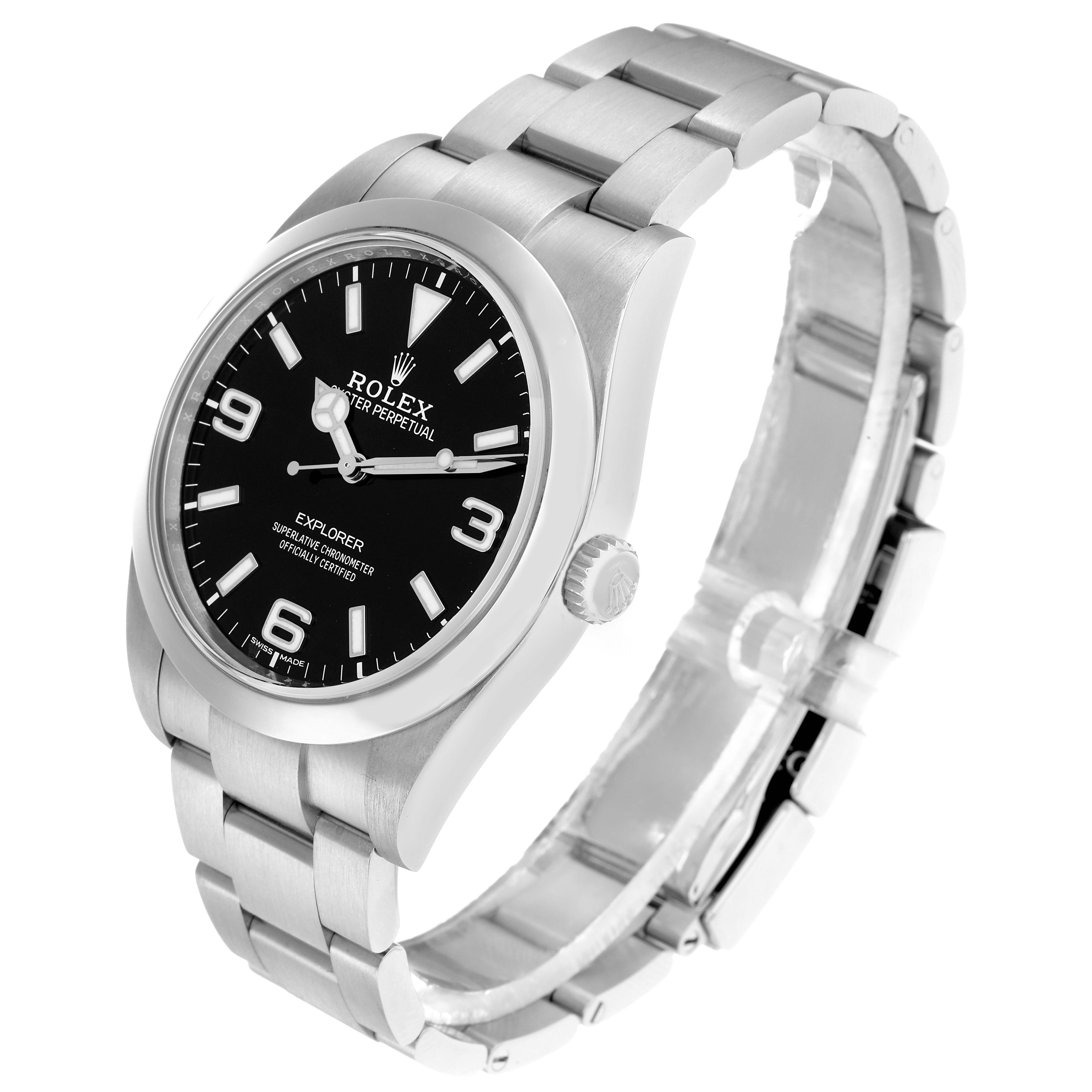 The Rolex Explorer 214270 Men
s Stainless Steel Black Dial watch is shown at an angled side view, highlighting the face, bezel, crown, and bracelet.