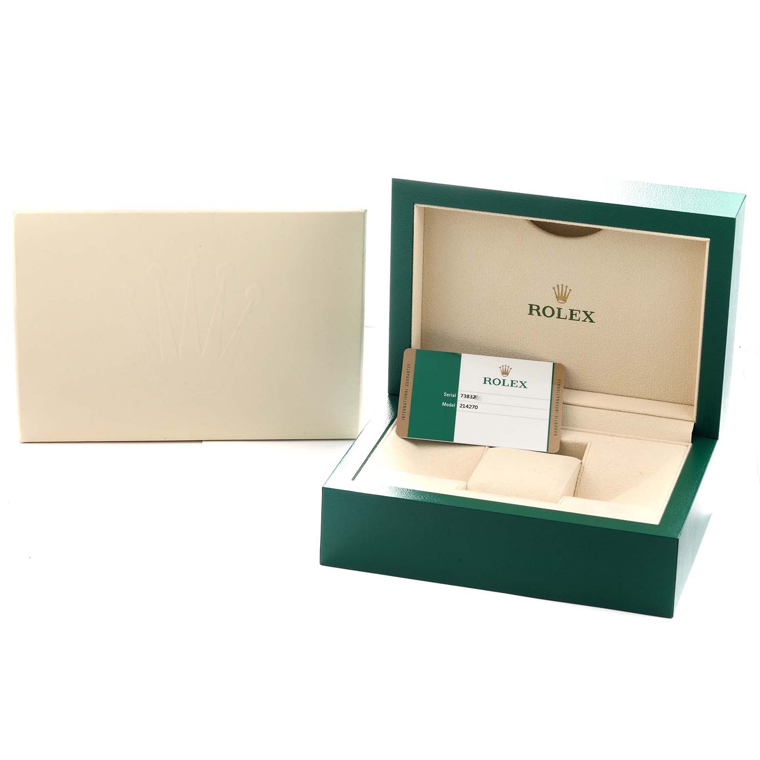 The image shows the packaging and warranty card for a Rolex Explorer 214270 Men
s Stainless Steel Black Dial model watch.
