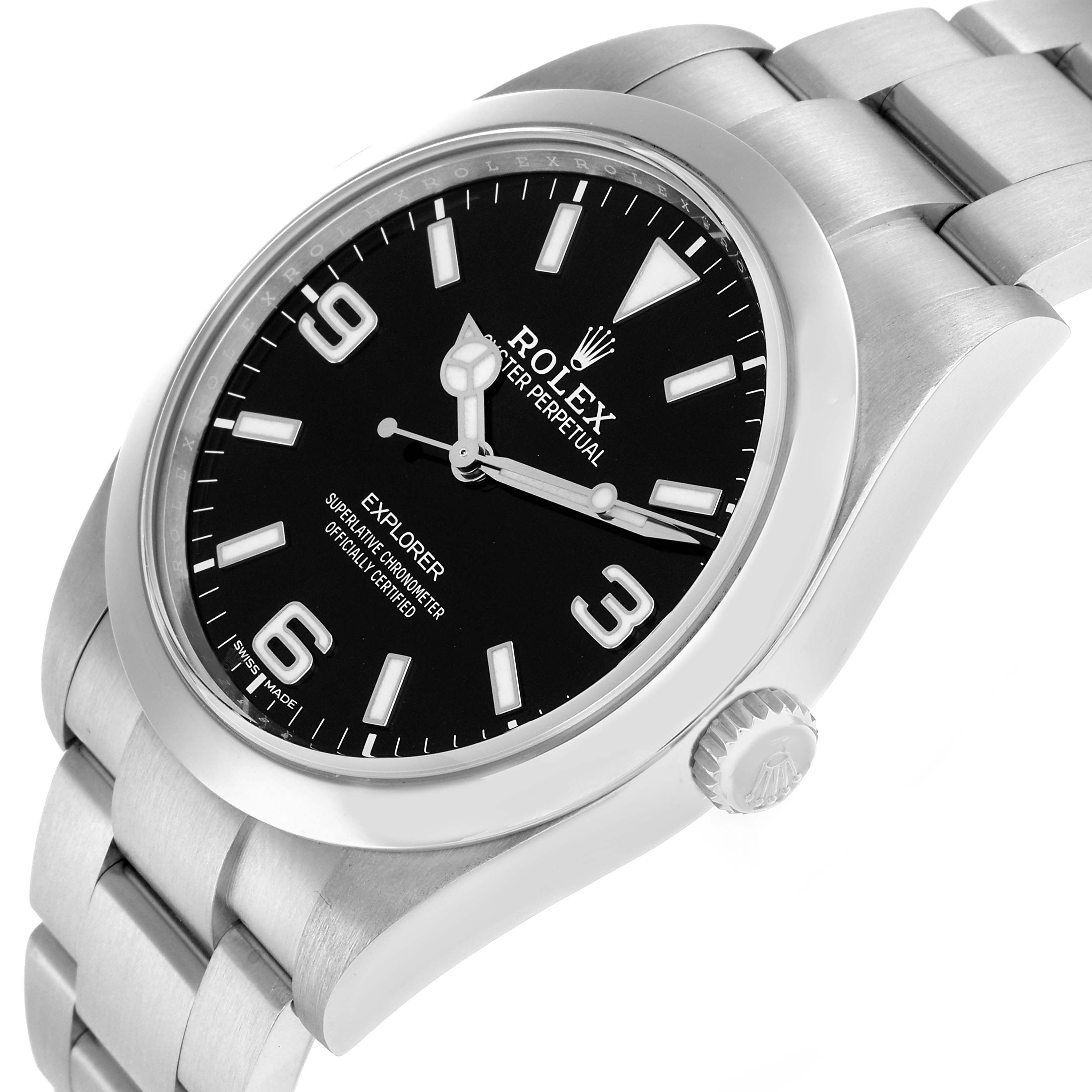 The Rolex Explorer 214270 Men
s Stainless Steel Black Dial watch is shown at a slight angle, displaying the face, bezel, crown, and part of the bracelet.