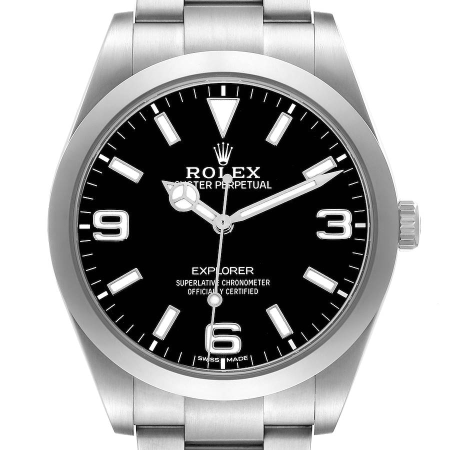 The Rolex Explorer 214270 Men's Stainless Steel Black Dial watch is shown from a front angle, highlighting its dial, bezel, and bracelet.