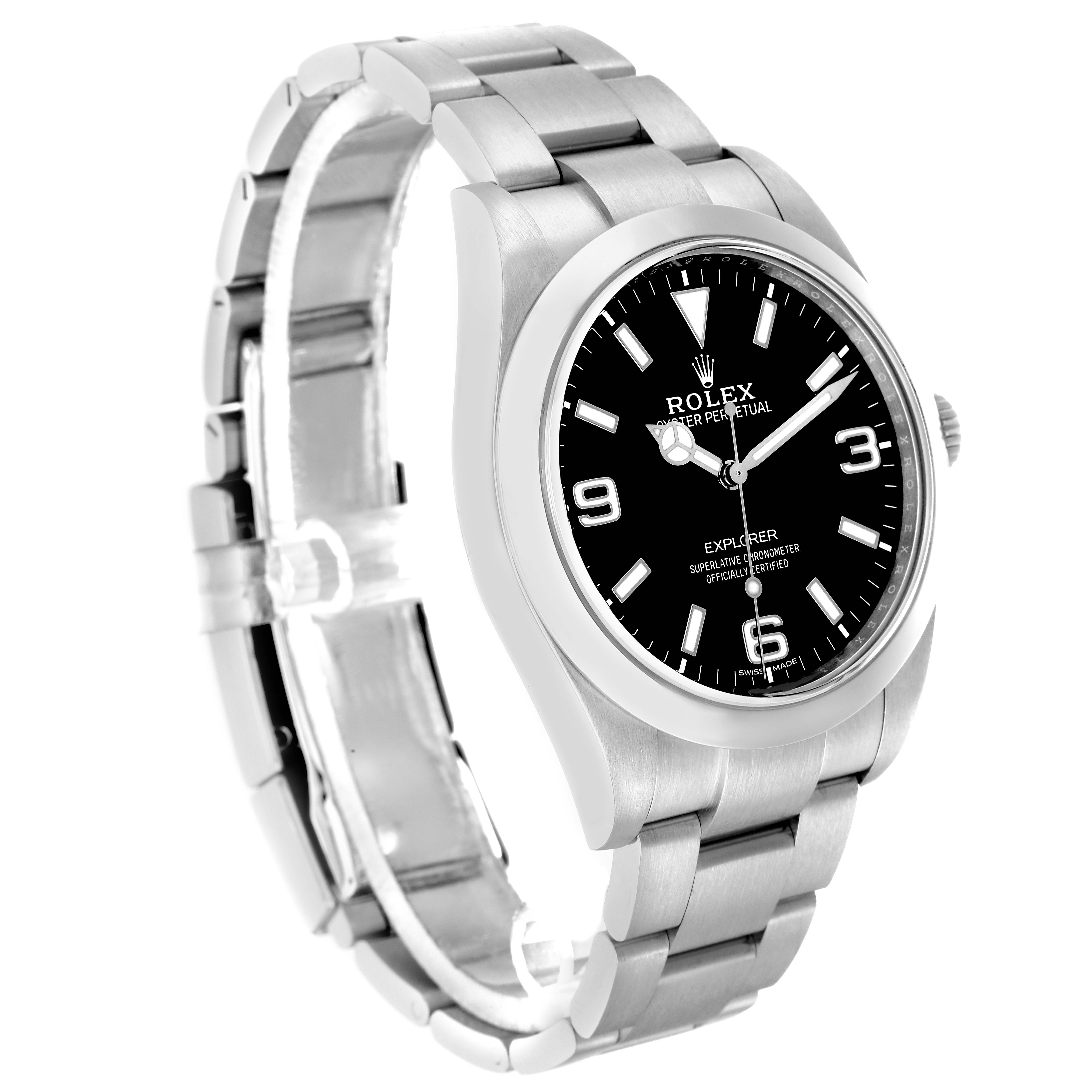 The Rolex Explorer 214270 Men
s Stainless Steel Black Dial watch is shown at a three-quarter angle, highlighting the face, bezel, and bracelet.