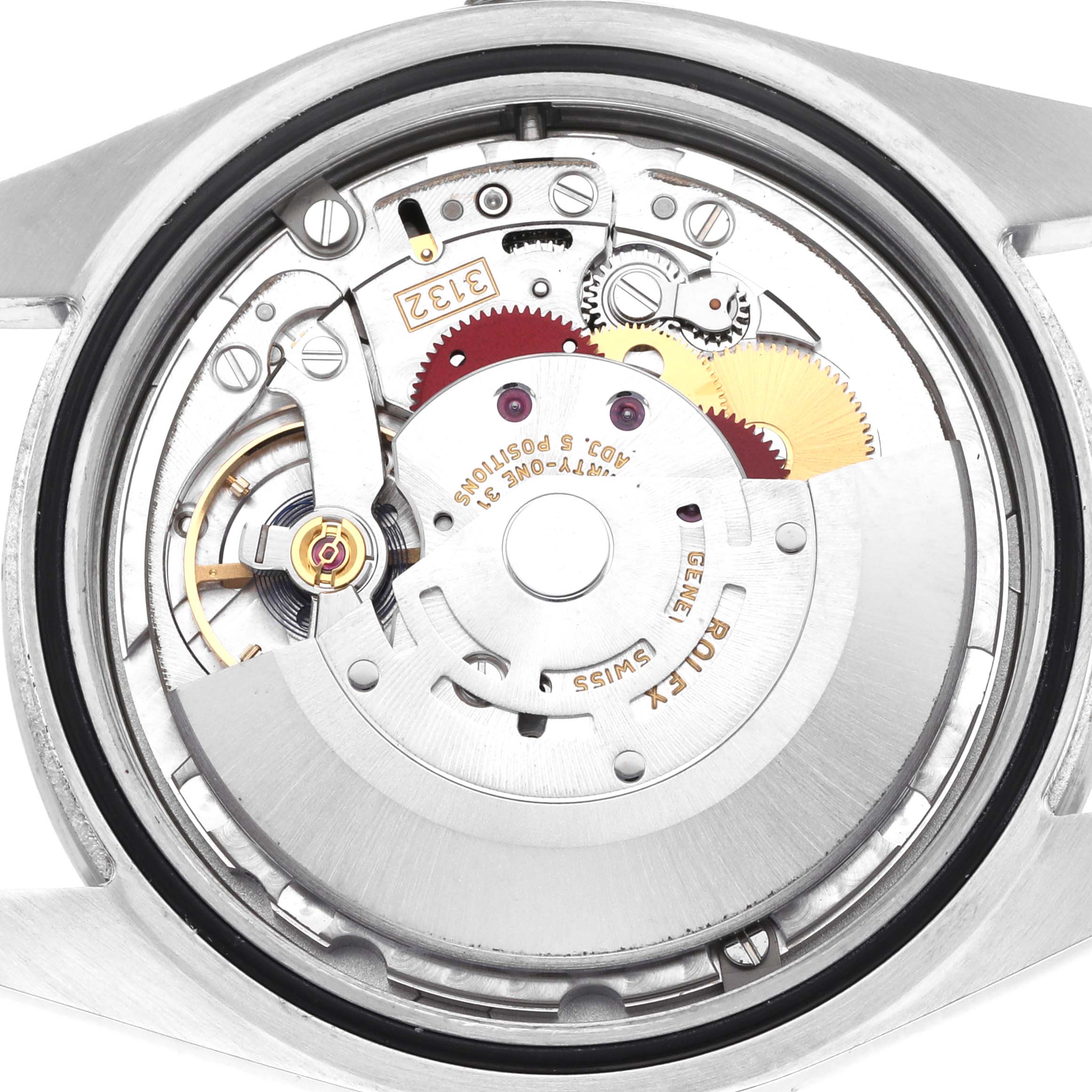 The image shows the movement of a Rolex Explorer 214270 Men
s Stainless Steel Black Dial watch from the back, displaying gears and components.