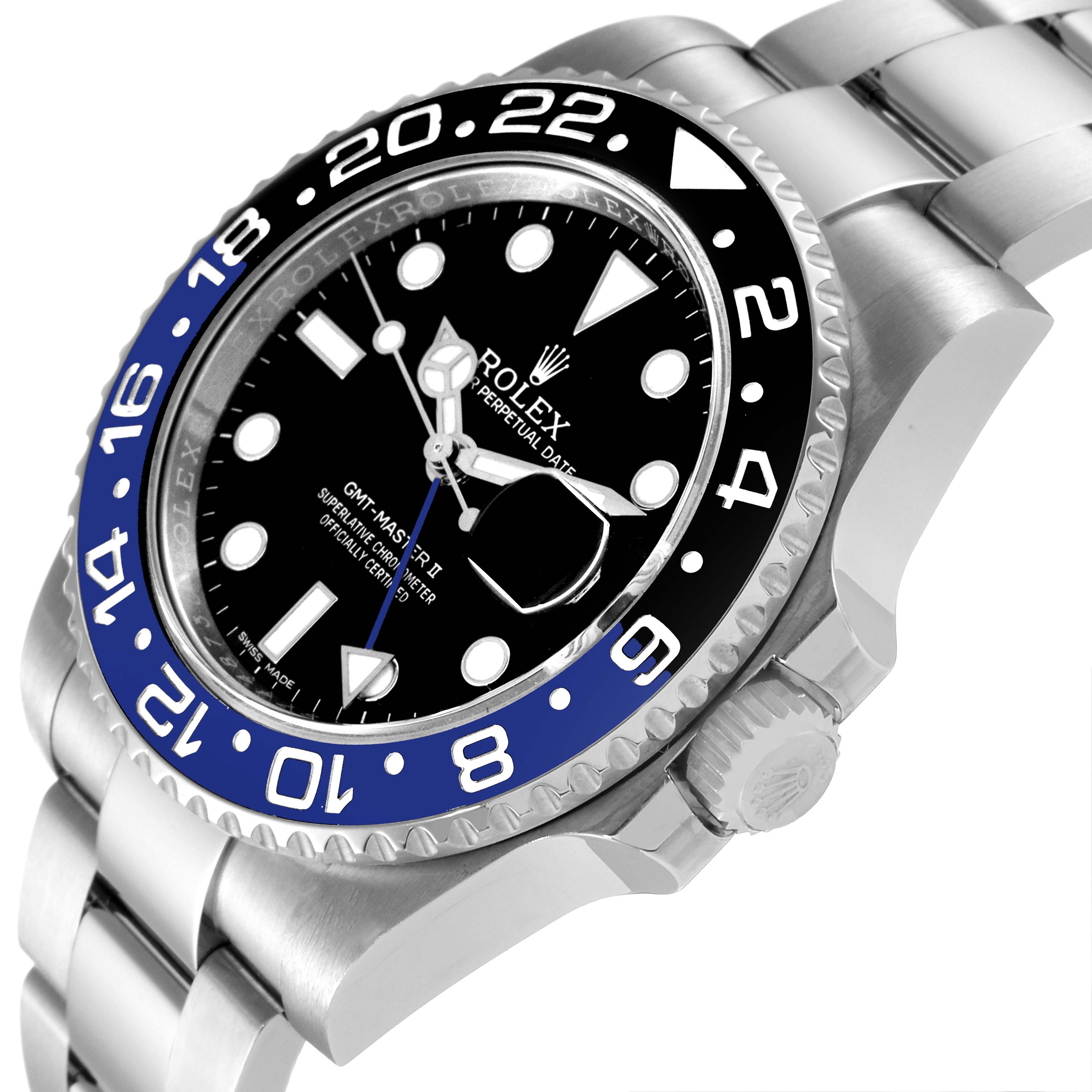 This image shows a close-up front angle of a Rolex GMT-Master 116710 Men
s Stainless Steel Black Dial 116710 Men
s Stainless Steel Black Dial II, highlighting the bezel, dial, and part of the bracelet.