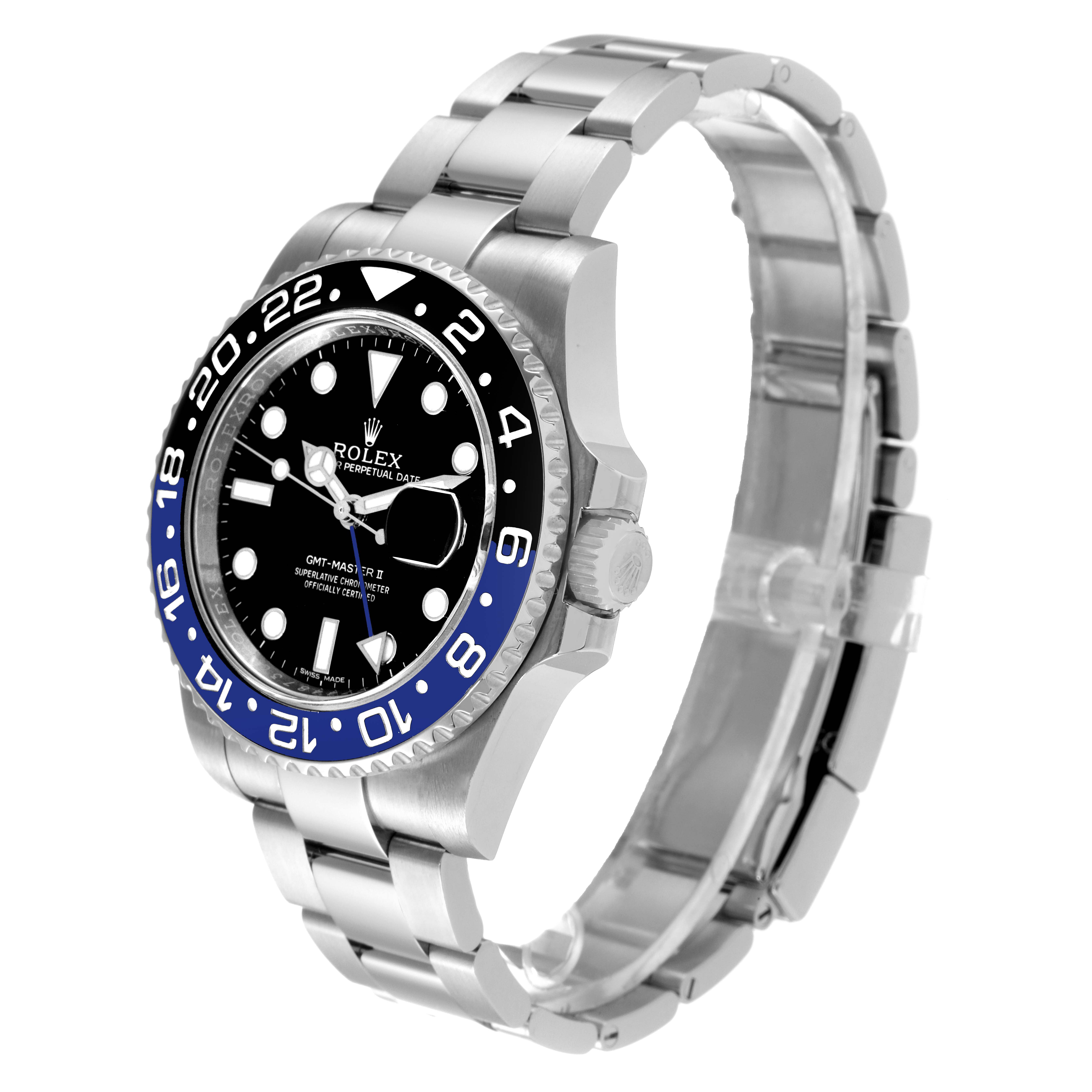 The image shows a side and front angle of the Rolex GMT-Master 116710 Men
s Stainless Steel Black Dial 116710 Men
s Stainless Steel Black Dial watch, highlighting the dial, bezel, and bracelet.
