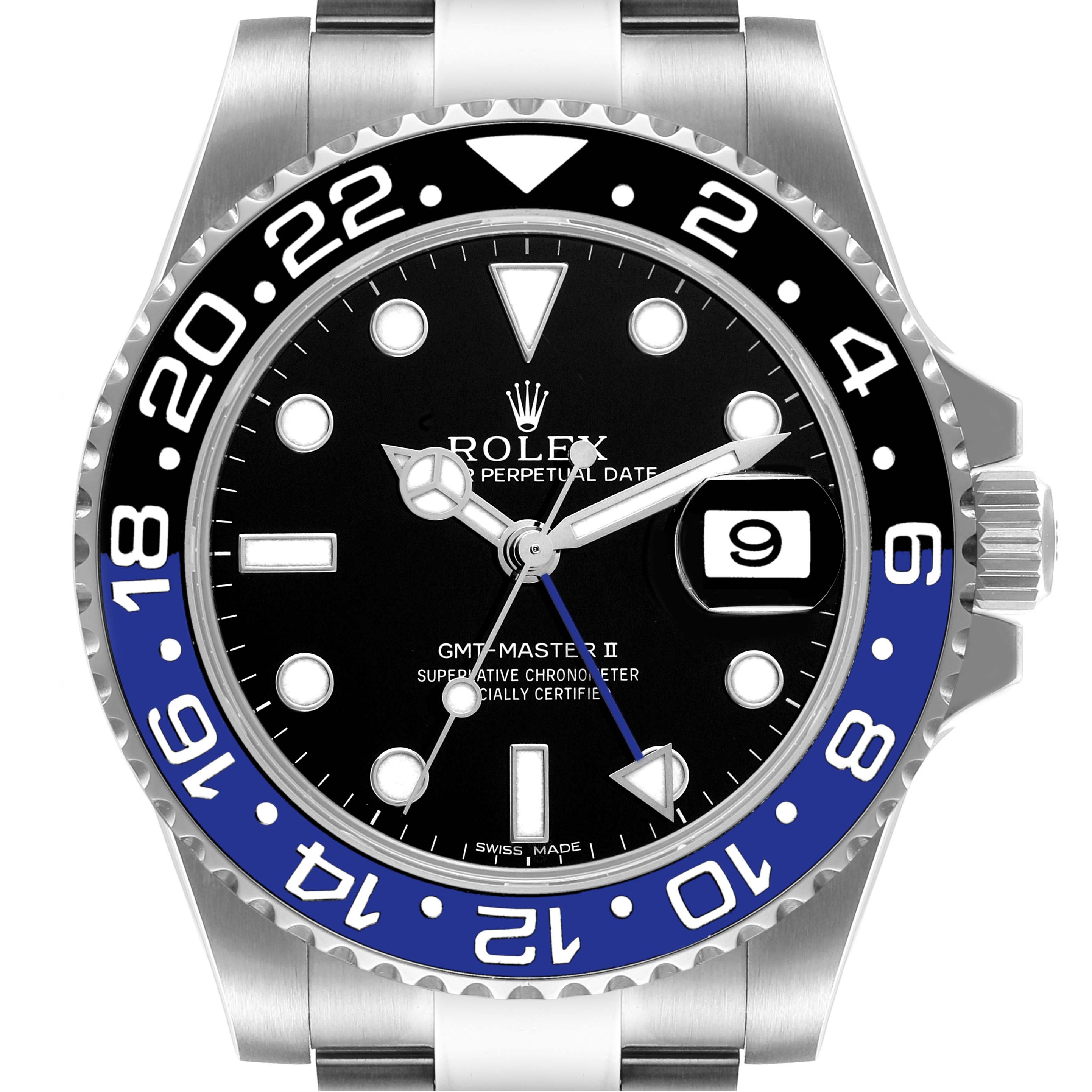 This image shows a front view of the Rolex GMT-Master 116710 Men
s Stainless Steel Black Dial 116710 Men
s Stainless Steel Black Dial II, highlighting its bezel, dial, and date window.