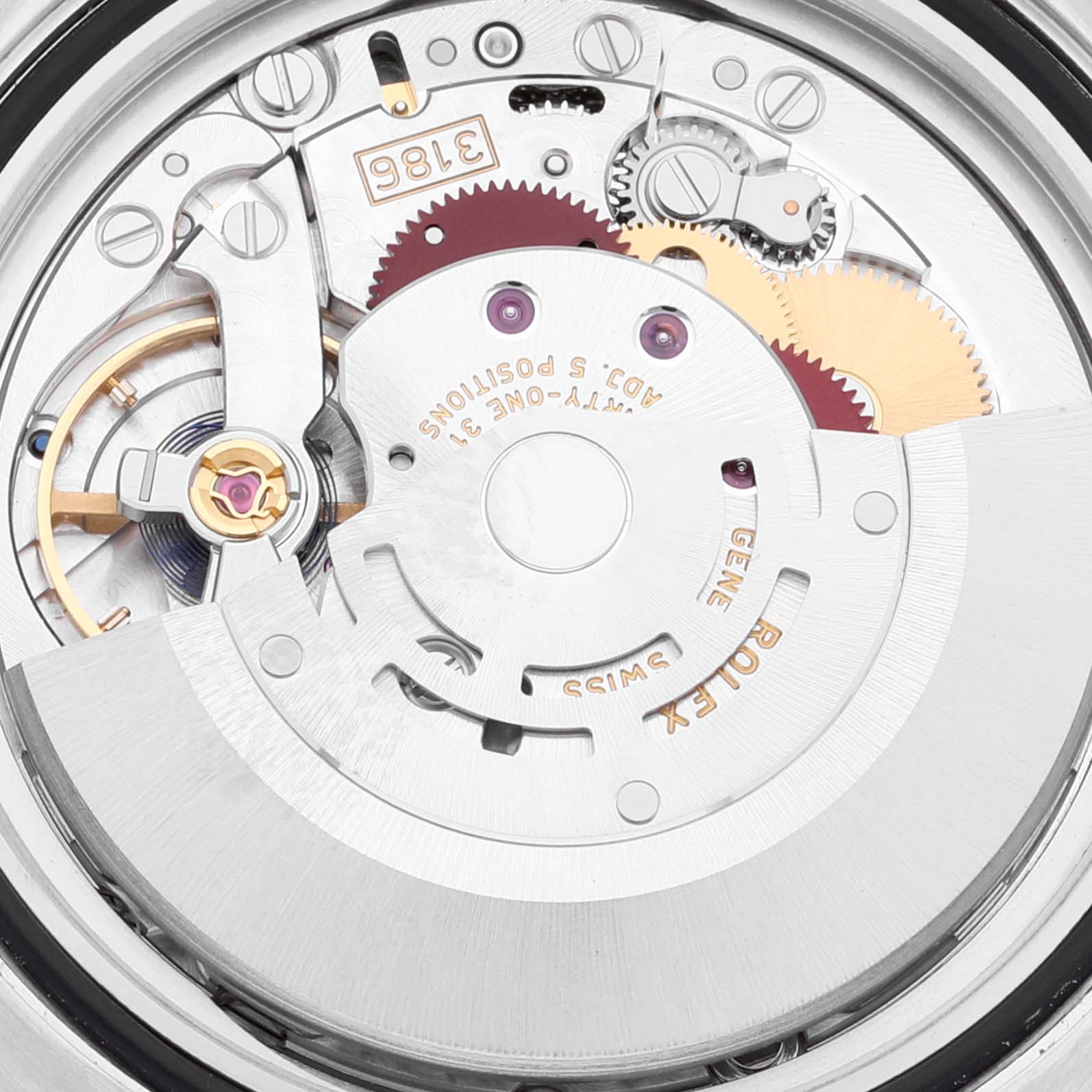 The image shows the intricate internal movement and gears of a Rolex GMT-Master 116710 Men
s Stainless Steel Black Dial 116710 Men
s Stainless Steel Black Dial watch, including the rotor and balance wheel.