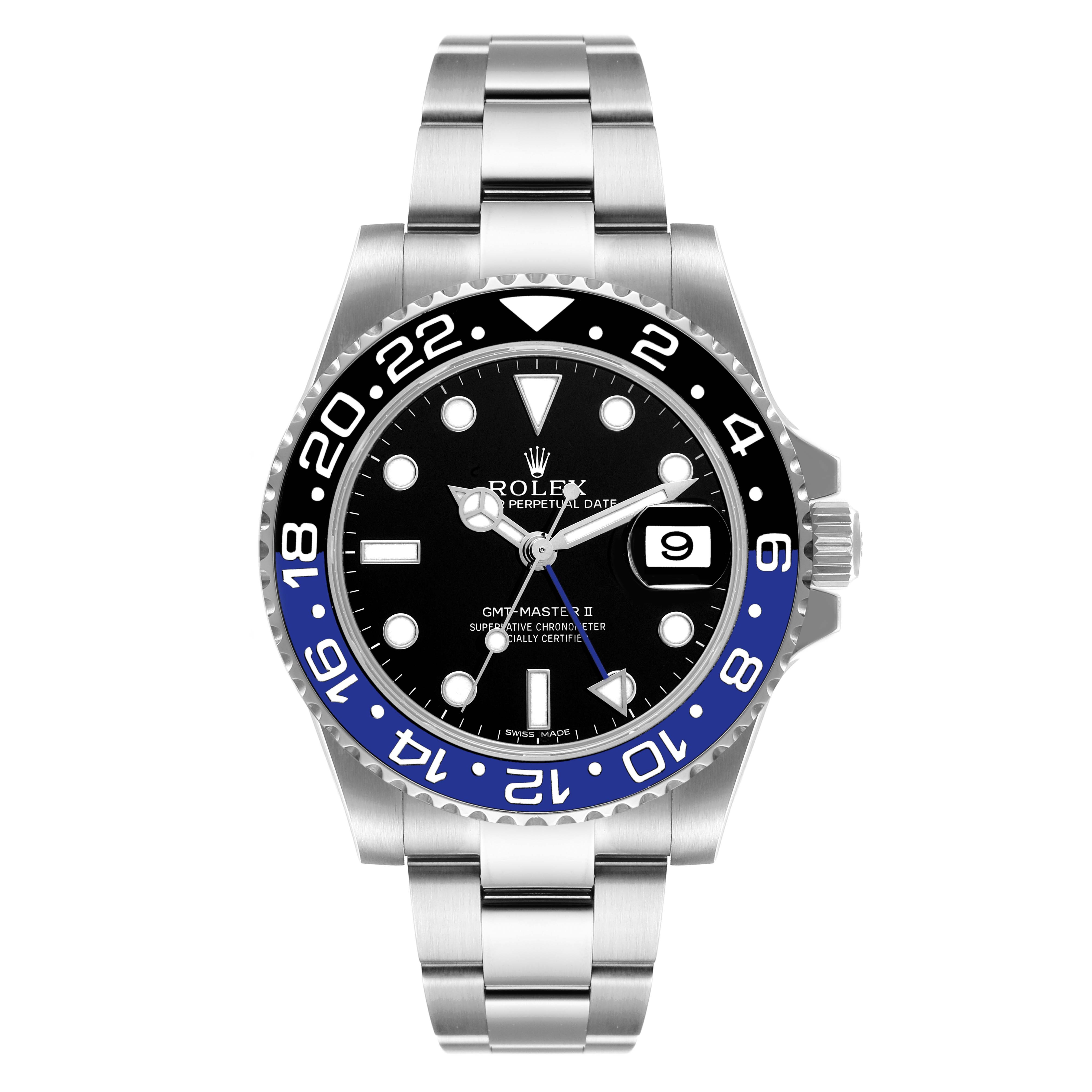 The image shows a frontal view of a Rolex GMT-Master 116710 Men
s Stainless Steel Black Dial 116710 Men
s Stainless Steel Black Dial II watch, including its bezel, dial, hands, and bracelet.