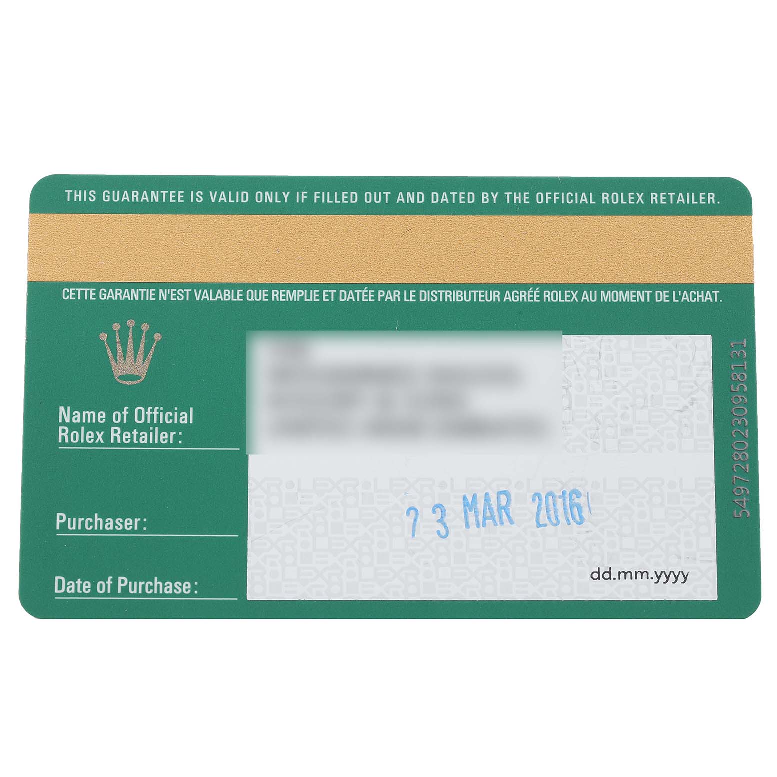 The image shows a guarantee card for a Rolex GMT-Master 116710 Men
s Stainless Steel Black Dial 116710 Men
s Stainless Steel Black Dial watch from an overhead view.