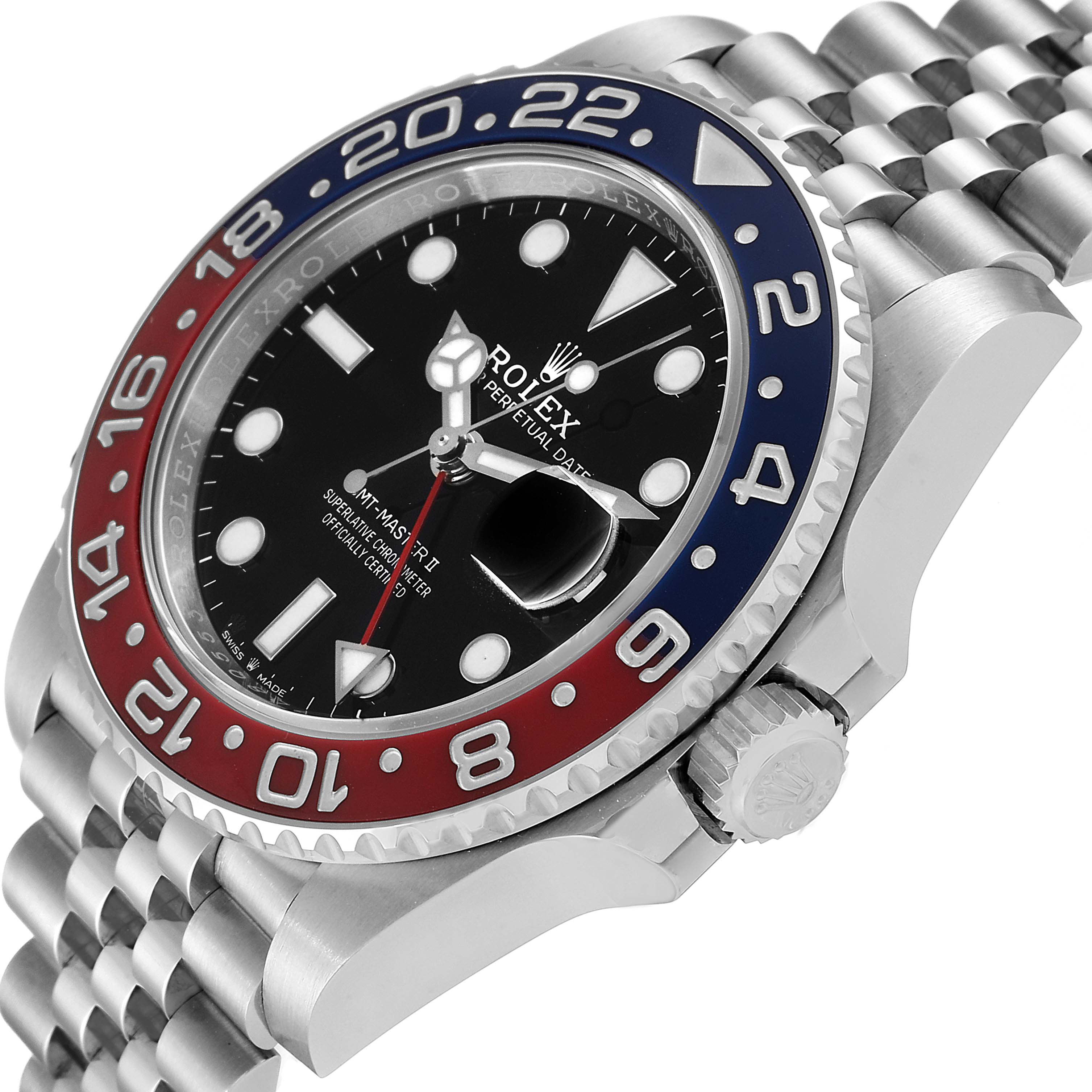 This image shows a close-up side angle of a Rolex GMT-Master 126710 Men
s Stainless Steel Black Dial 126710 Men
s Stainless Steel Black Dial watch, highlighting its bezel, dial, and crown.