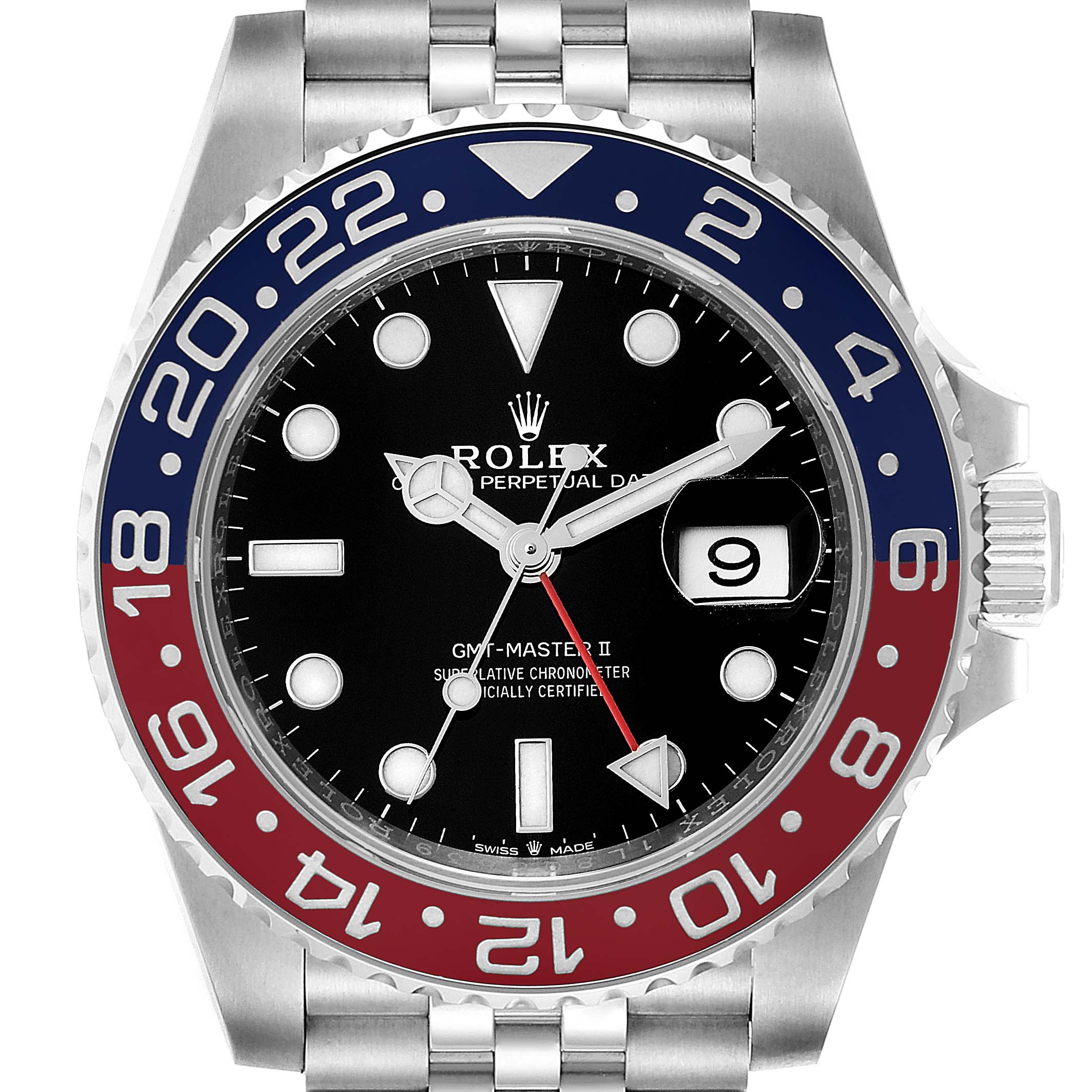 The image shows a front view of a Rolex GMT-Master 126710 Men
s Stainless Steel Black Dial 126710 Men
s Stainless Steel Black Dial II watch, highlighting its dial, bezel, and part of the bracelet.