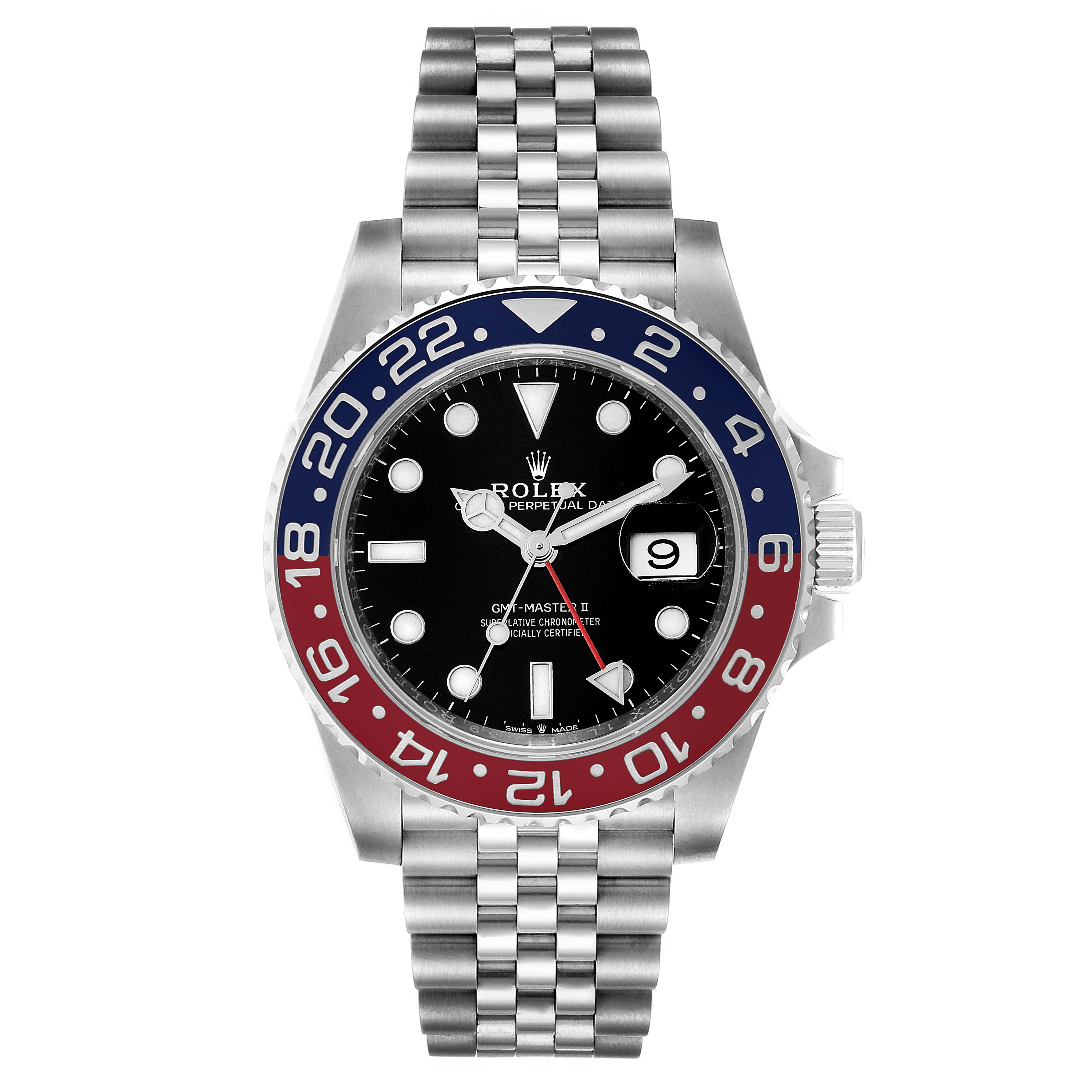 The image shows a front view of a Rolex GMT-Master 126710 Men
s Stainless Steel Black Dial 126710 Men
s Stainless Steel Black Dial watch, displaying the bezel, dial, hands, date window, and bracelet.
