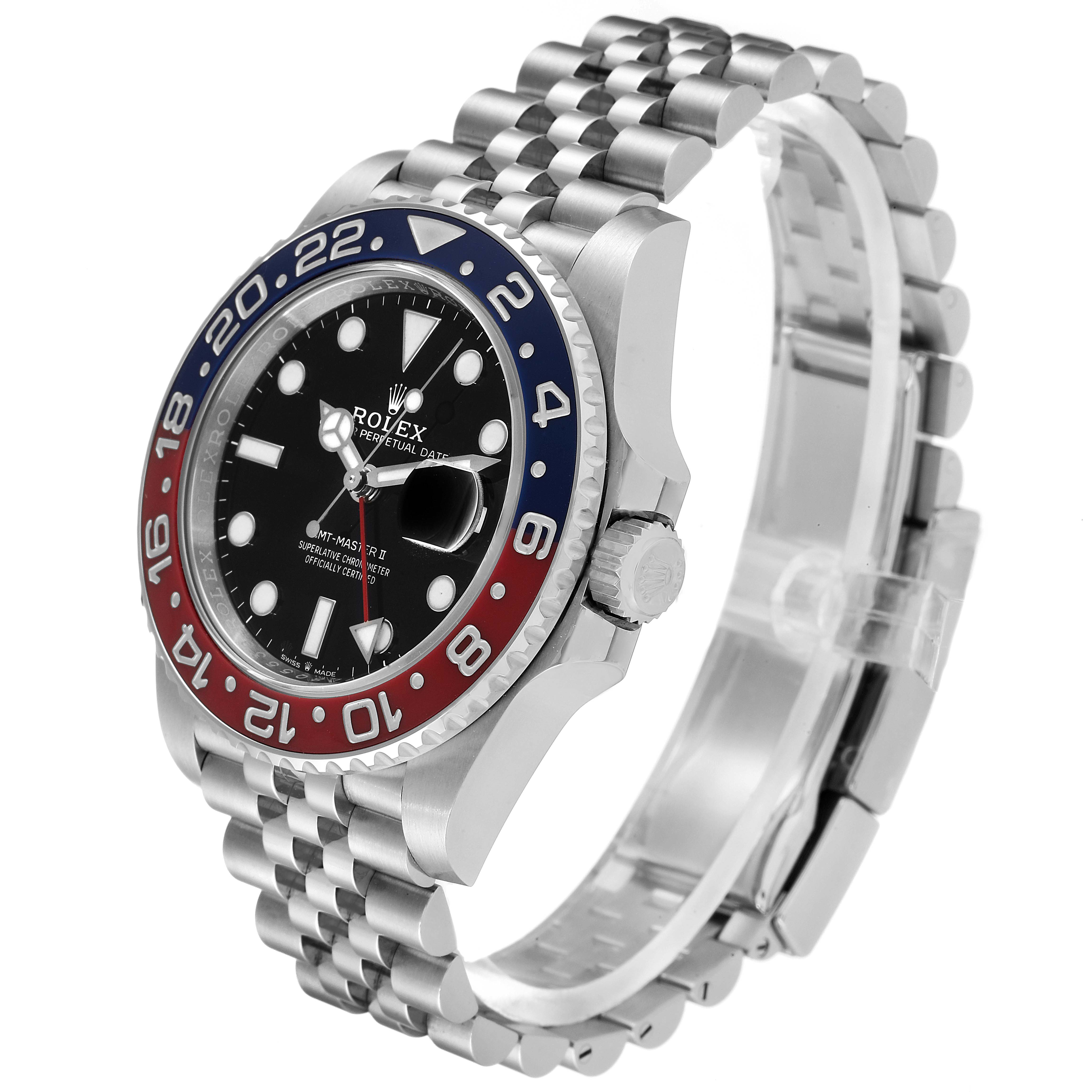 The image shows a Rolex GMT-Master 126710 Men
s Stainless Steel Black Dial 126710 Men
s Stainless Steel Black Dial watch at an angled view highlighting its bezel, crown, face, and jubilee bracelet.