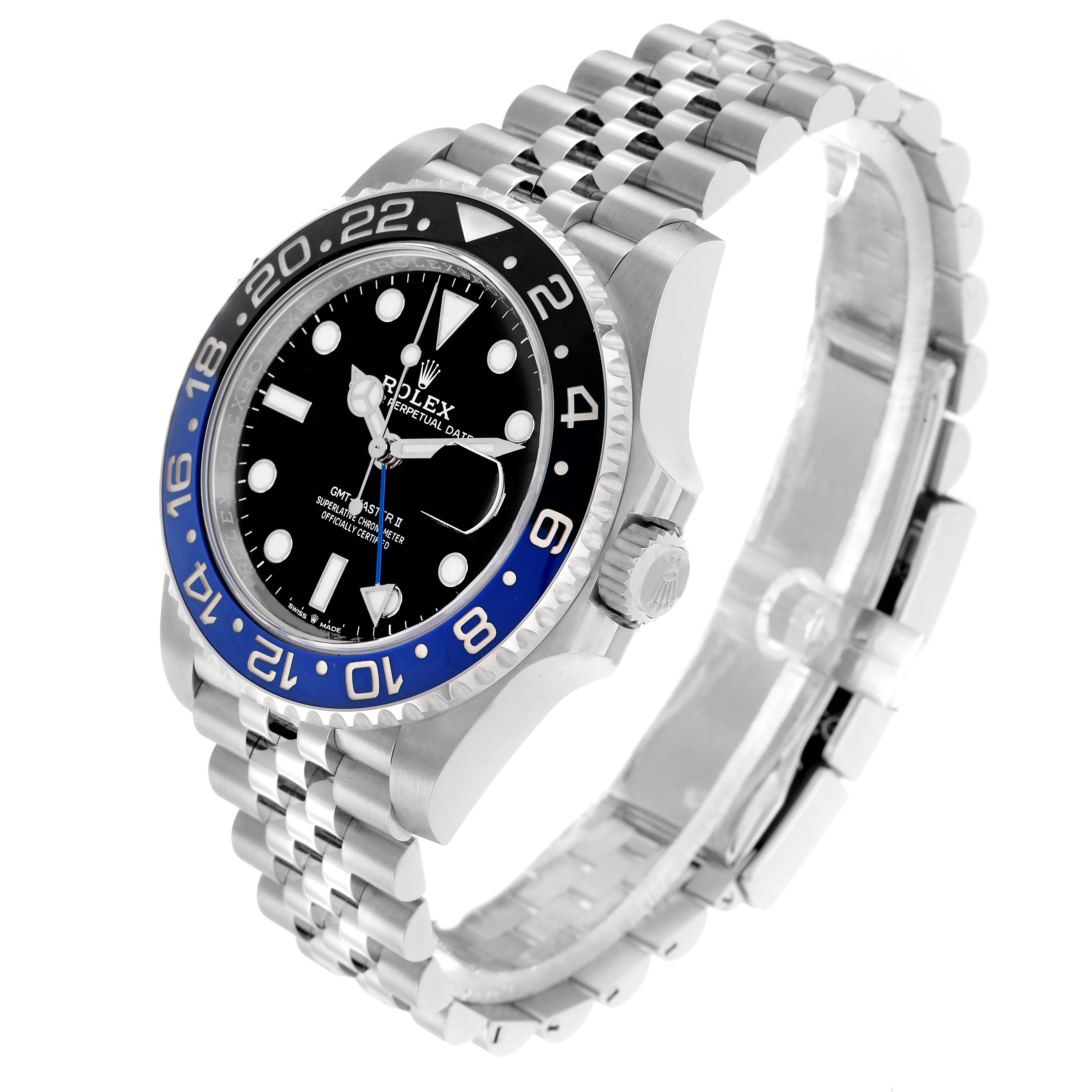 The Rolex GMT-Master 126710 Men
s Stainless Steel Black Dial watch is displayed at a three-quarter angle showing the bezel, dial, bracelet, and crown.