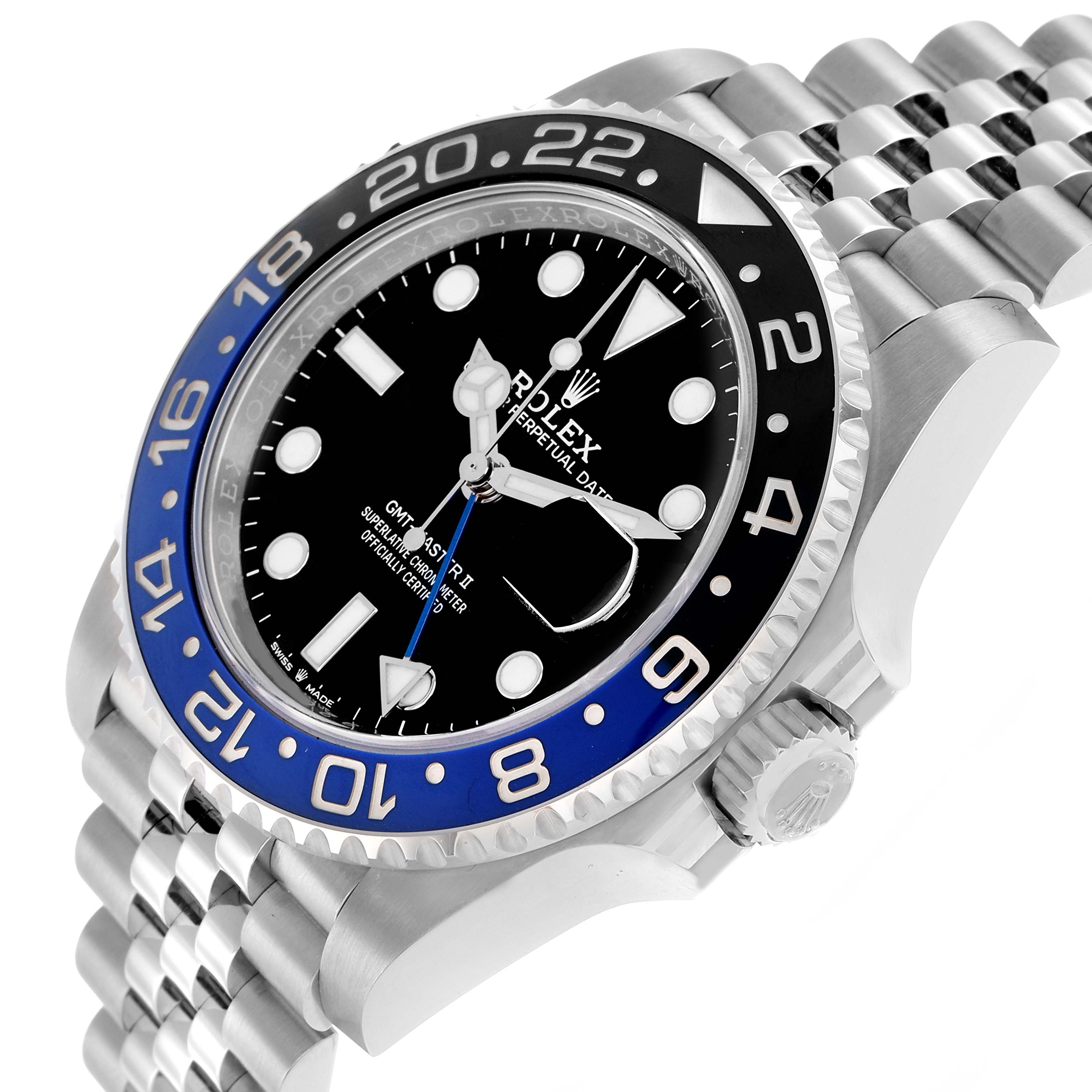 The image shows a Rolex GMT-Master 126710 Men
s Stainless Steel Black Dial watch at a slight angle, highlighting the bezel, dial, crown, and part of the bracelet.