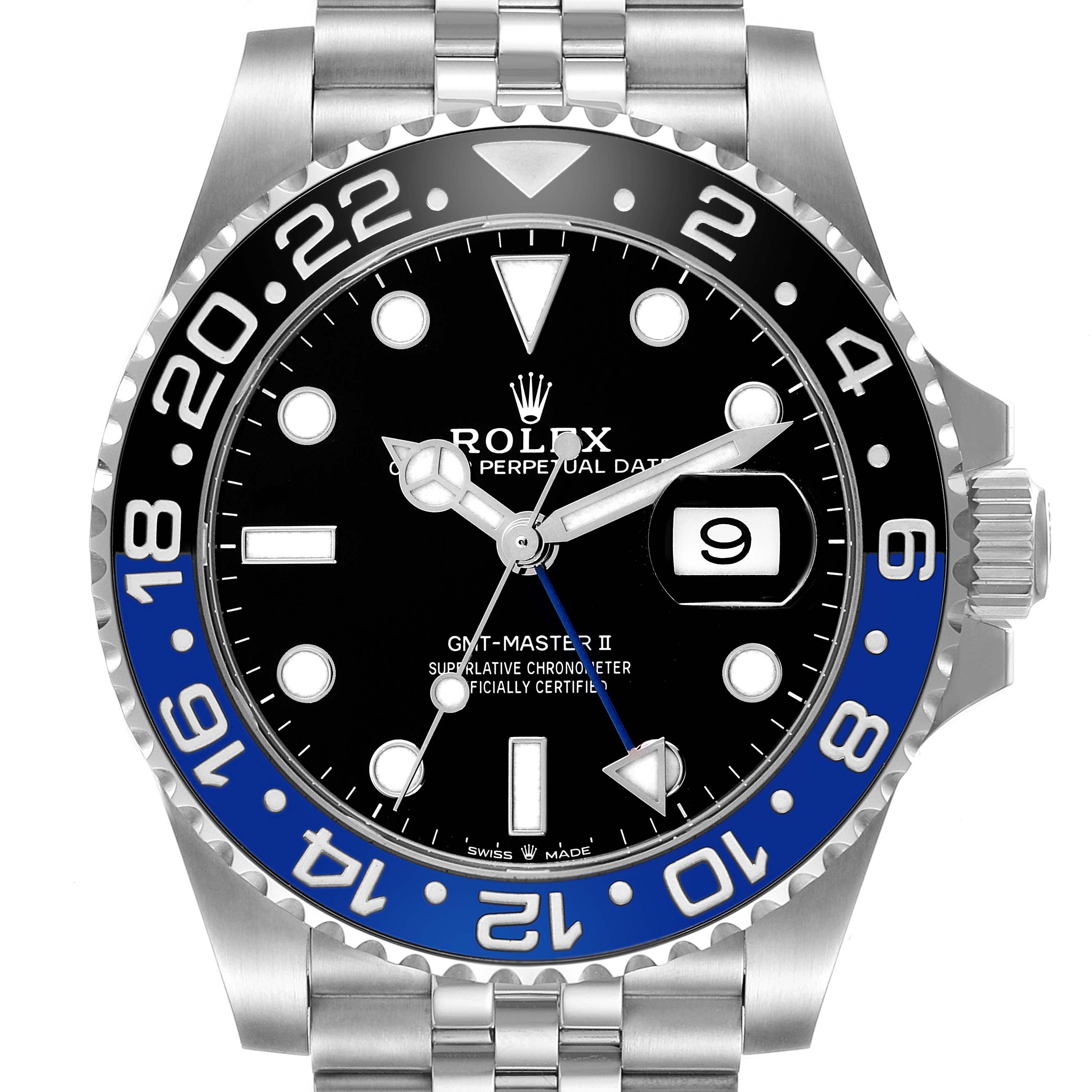 The Rolex GMT-Master 126710 Men
s Stainless Steel Black Dial II is shown from a front angle, displaying its bezel, dial, crown, and part of the bracelet.