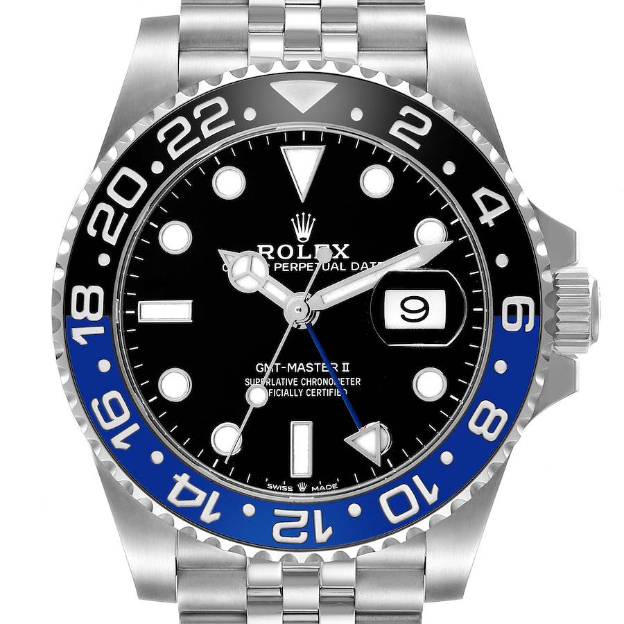 The Rolex GMT-Master 126710 Men's Stainless Steel Black Dial II is shown from a front angle, displaying its bezel, dial, crown, and part of the bracelet.