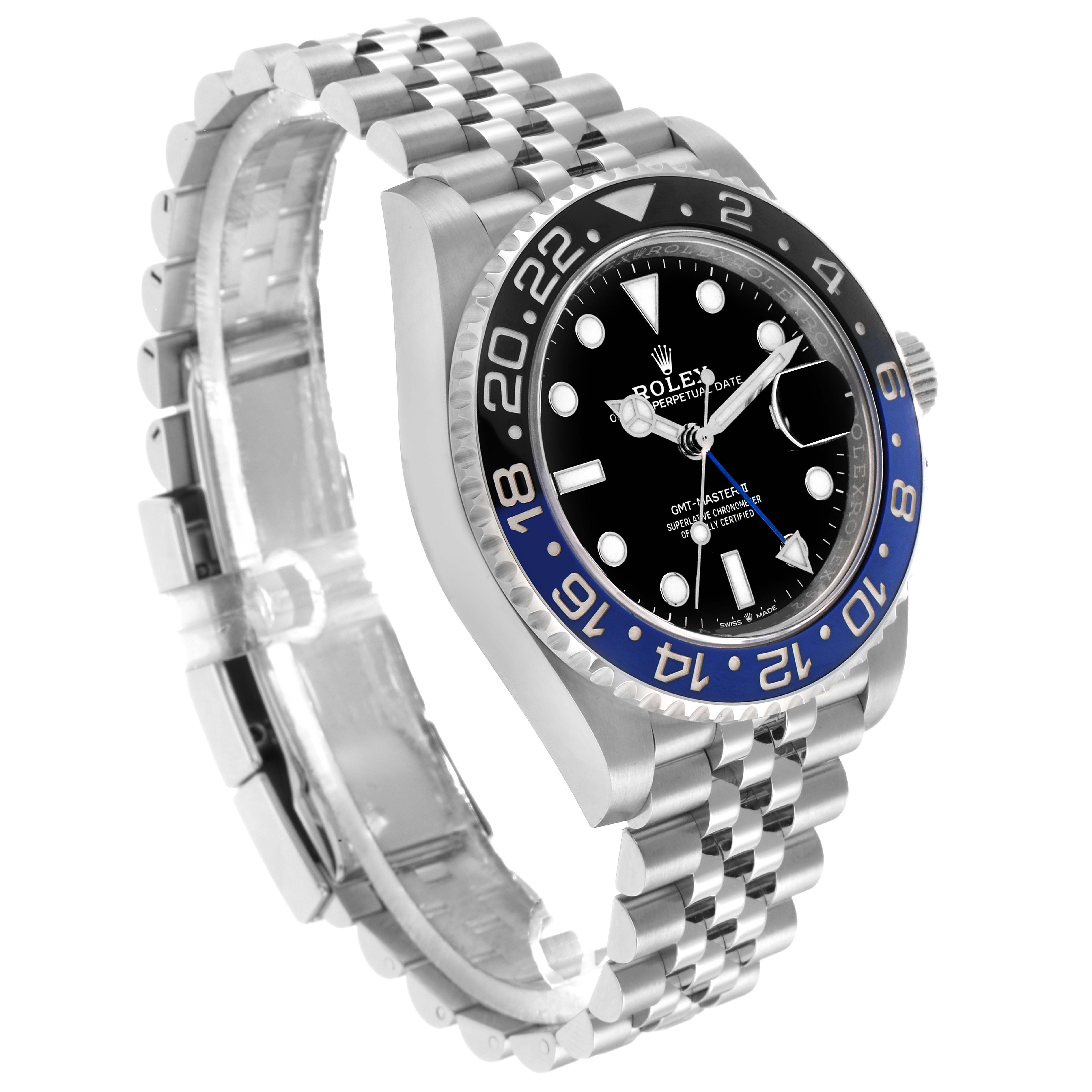 The Rolex GMT-Master 126710 Men
s Stainless Steel Black Dial watch is shown at a slight angle highlighting the bezel, dial, and bracelet.