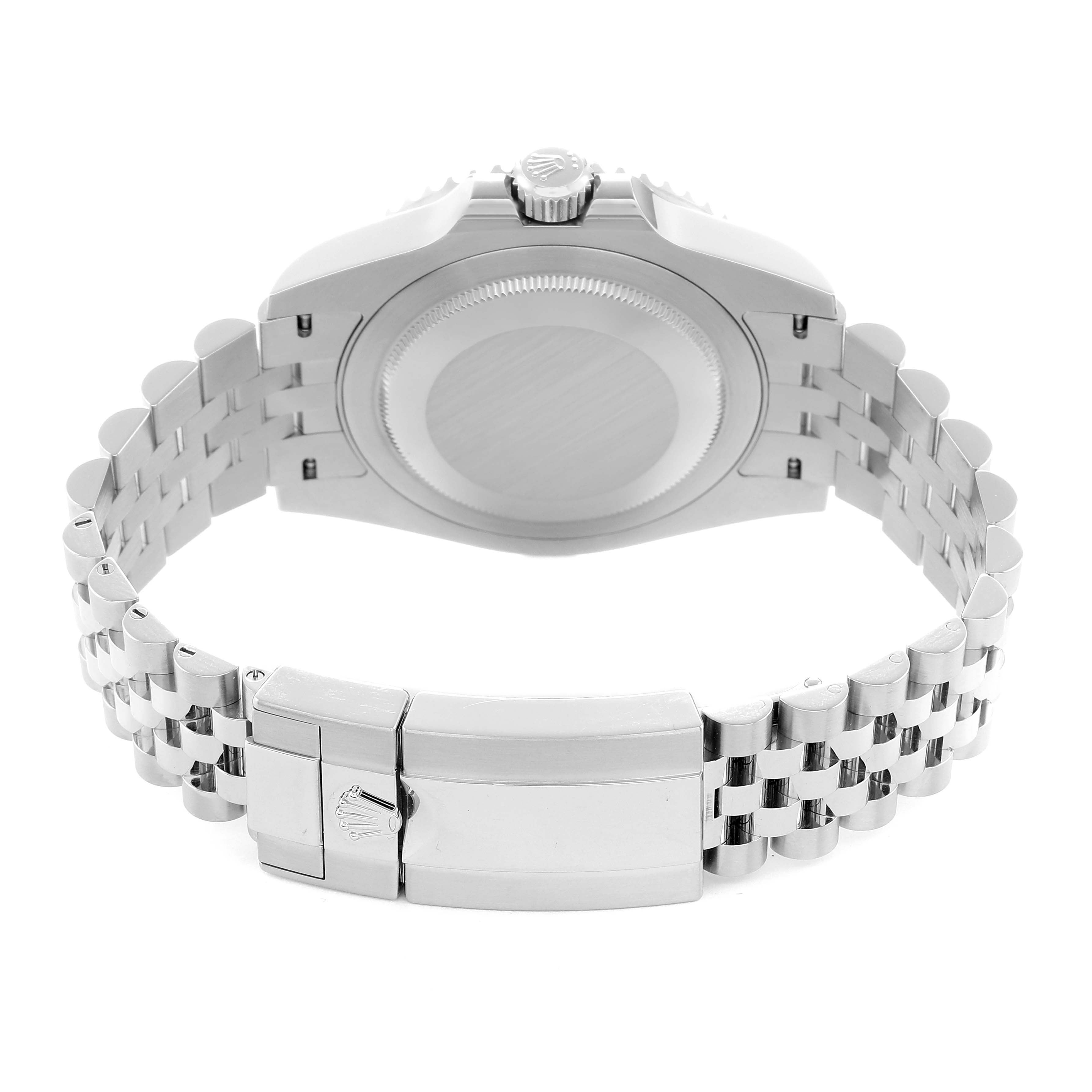 The image shows the back view of a Rolex GMT-Master 126710 Men
s Stainless Steel Black Dial, highlighting the case back, crown, and bracelet clasp.