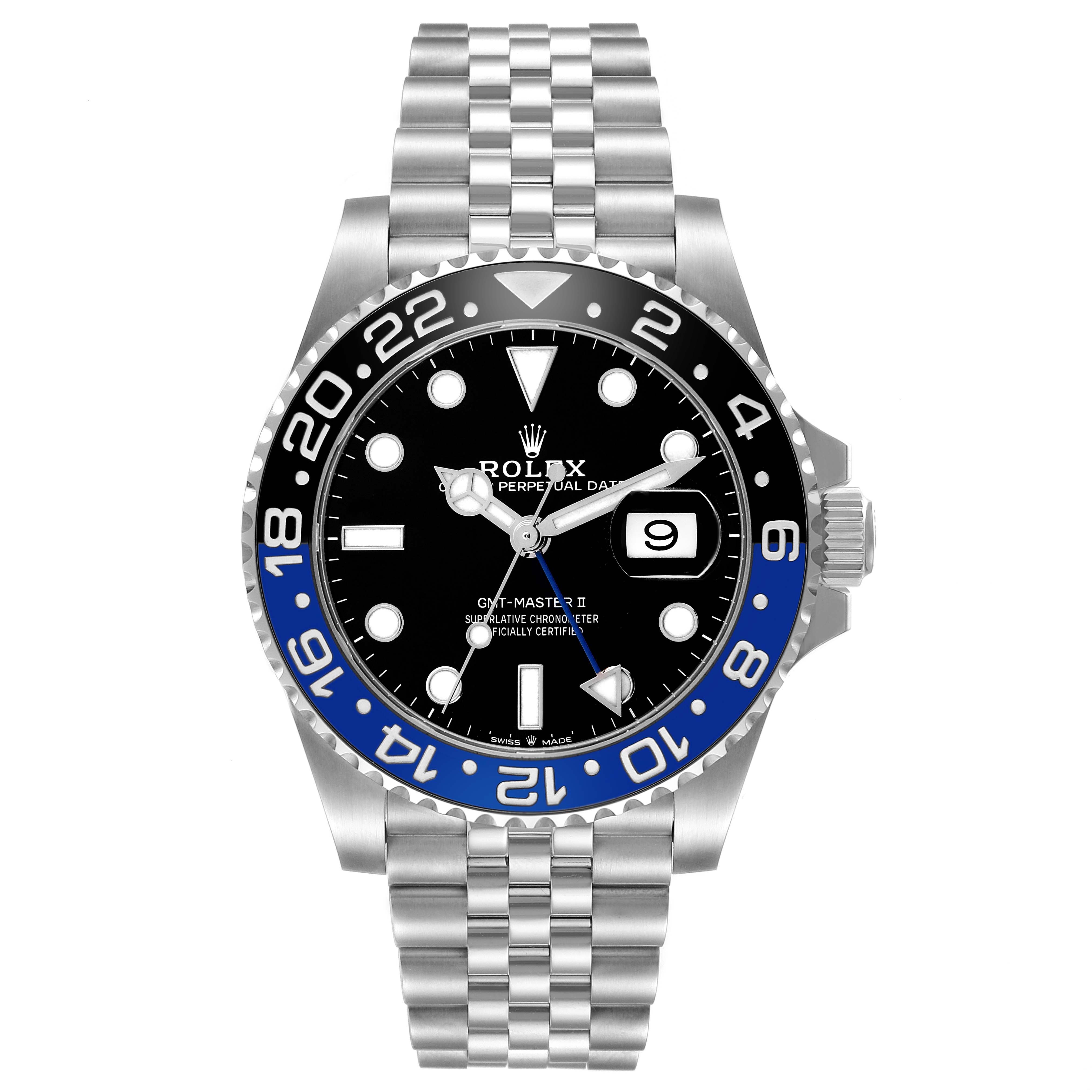 The Rolex GMT-Master 126710 Men
s Stainless Steel Black Dial model is shown from a front angle, highlighting the bezel, dial, hands, and bracelet.