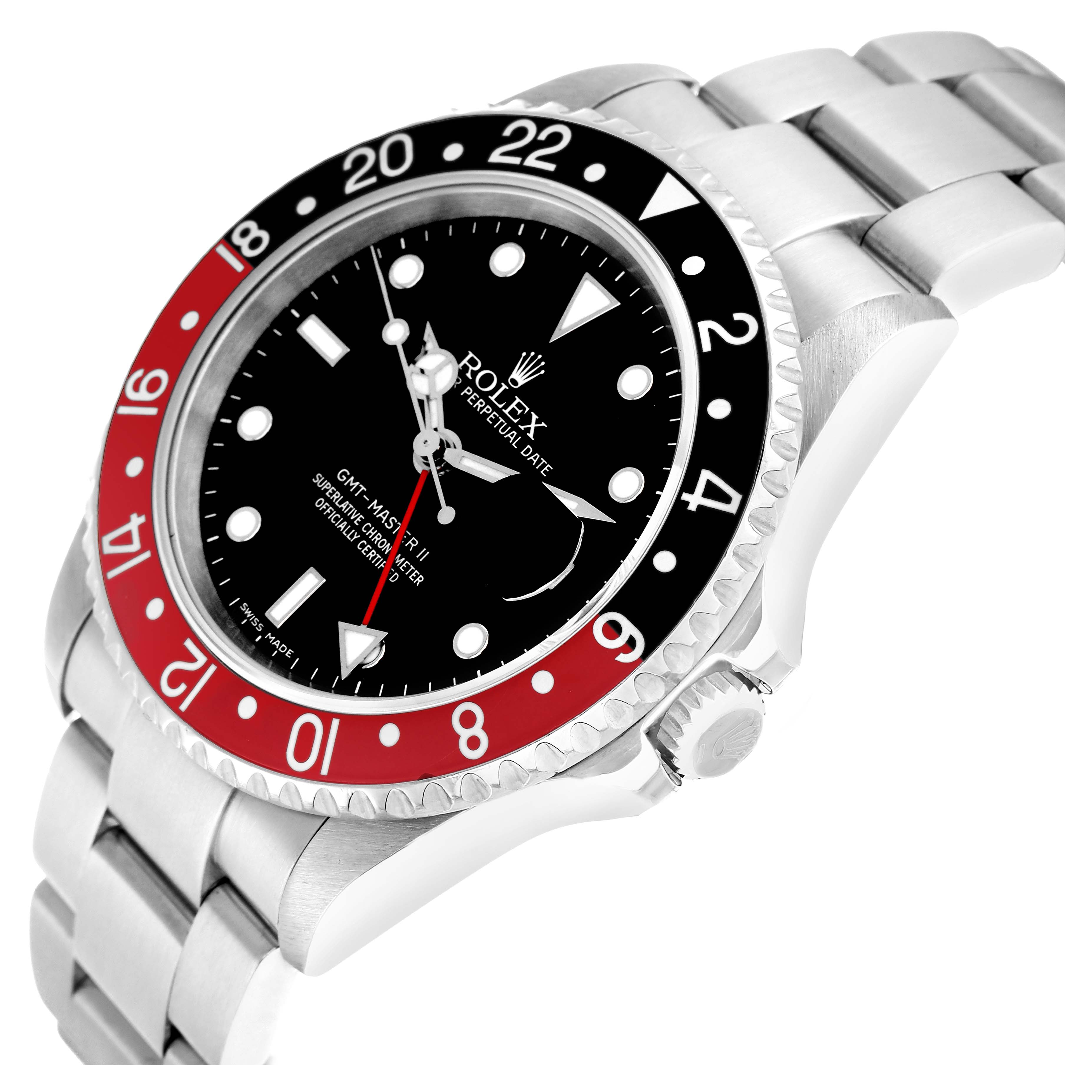 The image shows a Rolex GMT-Master 16710 Men
s Stainless Steel Black Dial watch angled slightly to display the red and black bezel, dial, crown, and oyster bracelet.