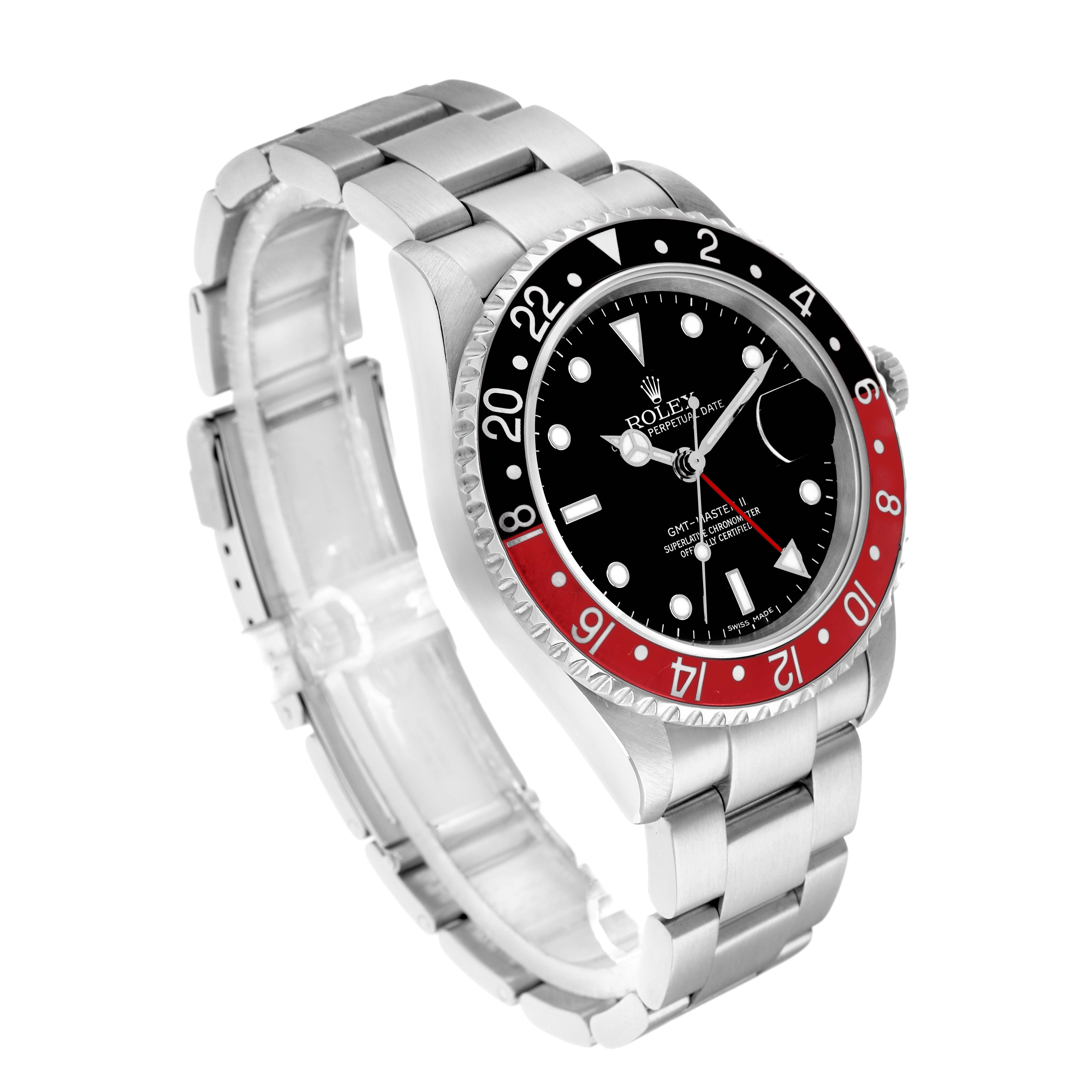 The Rolex GMT-Master 16710 Men
s Stainless Steel Black Dial watch is shown at an angled view, displaying its bezel, dial, and bracelet.