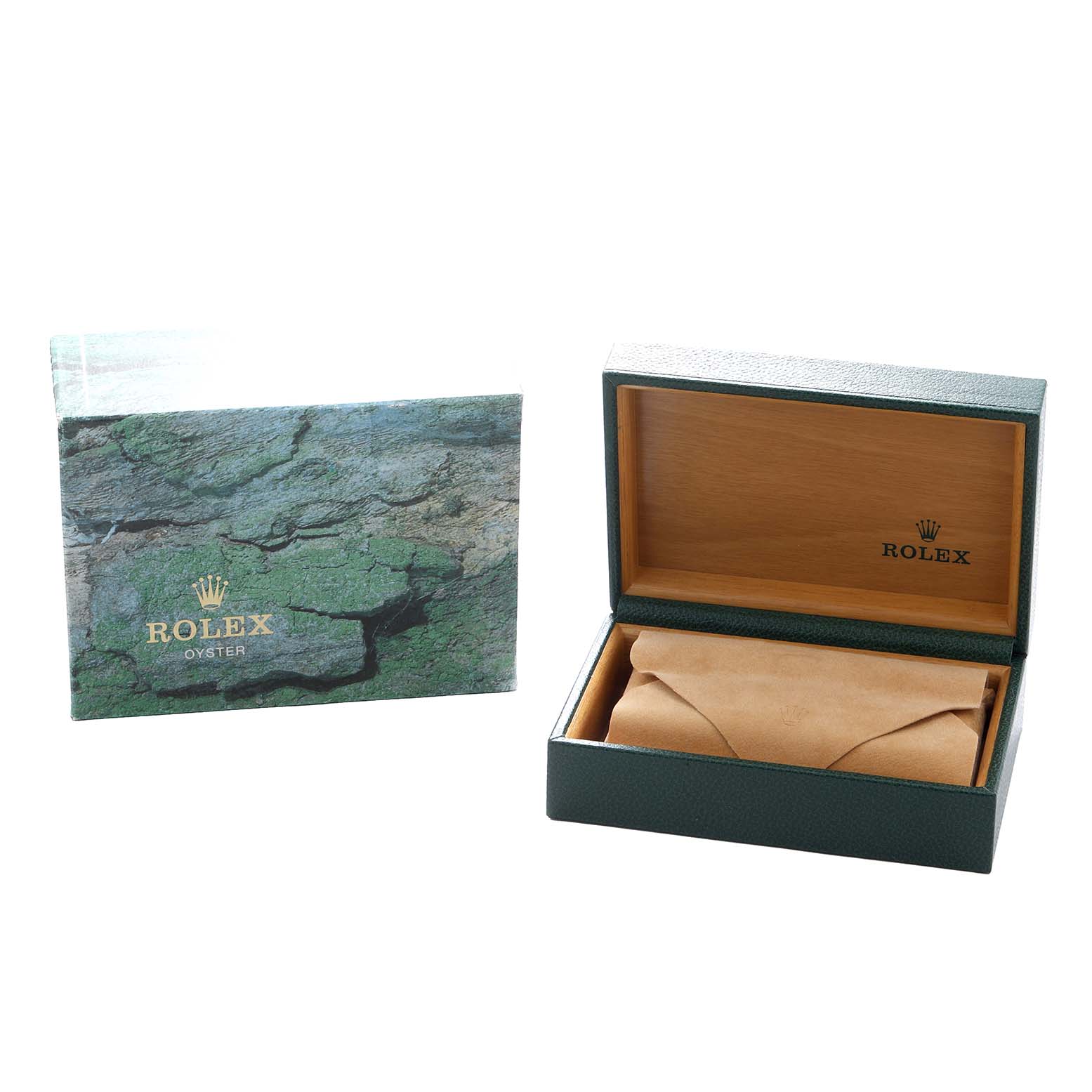 The image shows a Rolex GMT-Master 16710 Men
s Stainless Steel Black Dial watch box and outer packaging from a front angle, highlighting the brand
s logos.