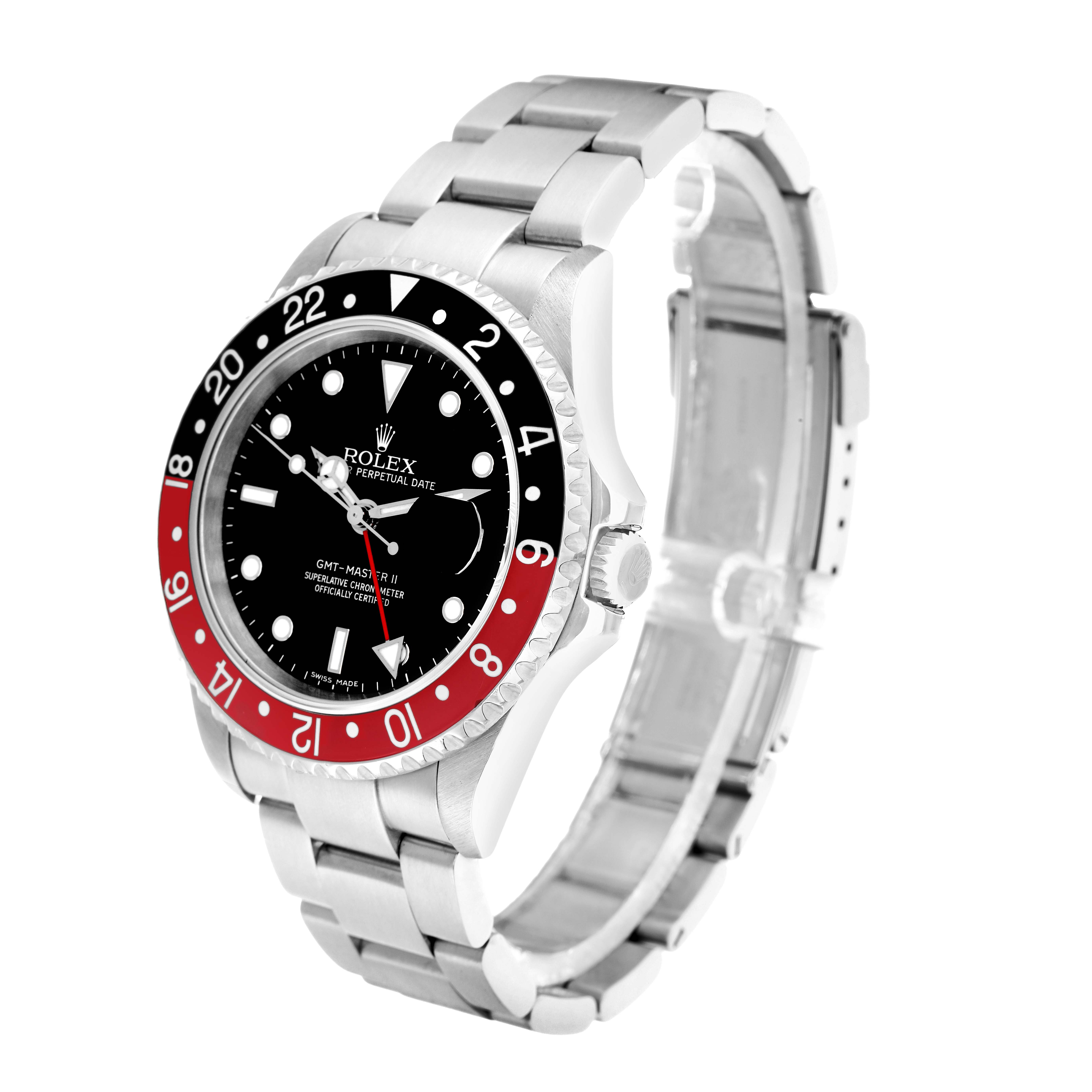 The Rolex GMT-Master 16710 Men
s Stainless Steel Black Dial watch is shown from a 3/4 angle, highlighting the bezel, dial, and bracelet.