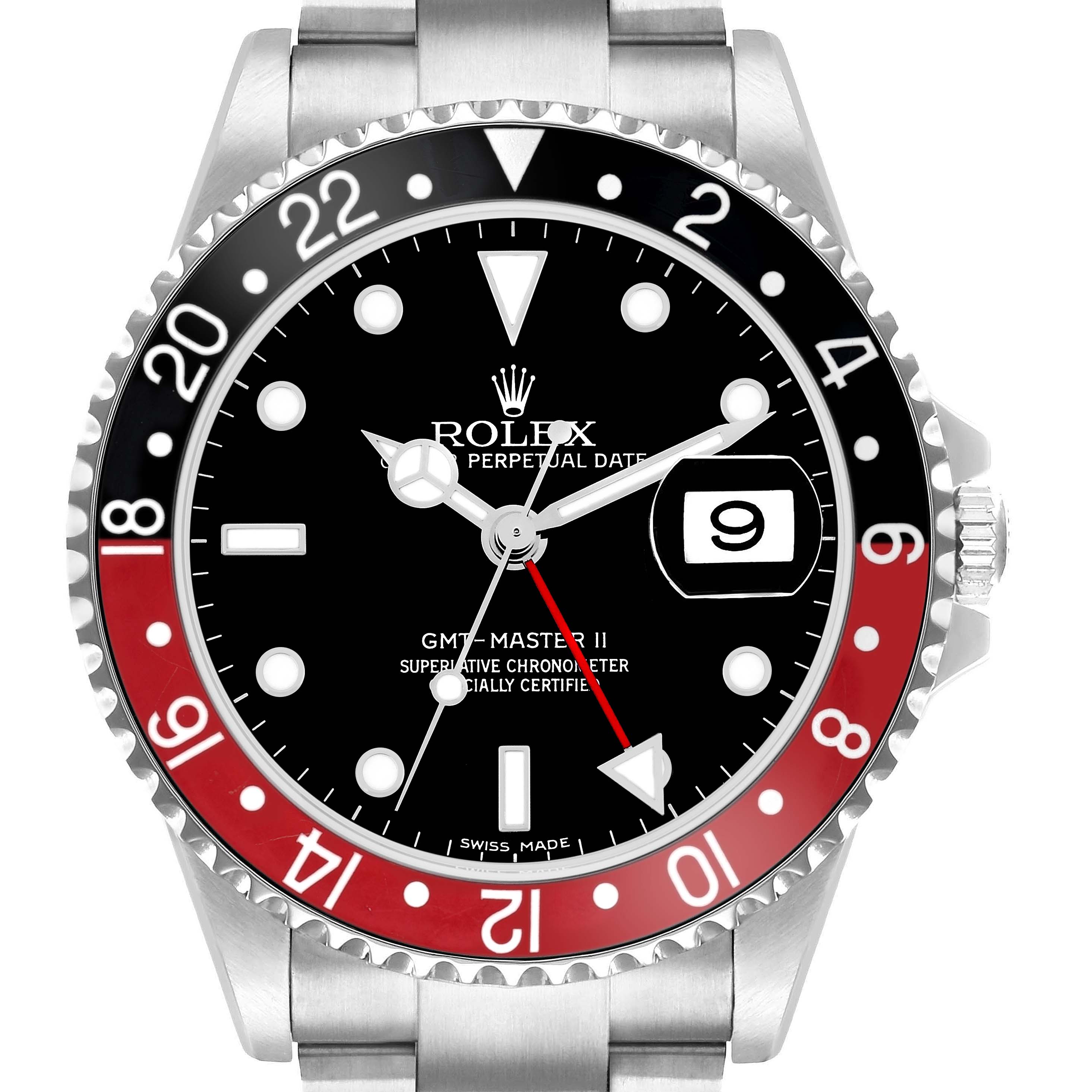 The Rolex GMT-Master 16710 Men
s Stainless Steel Black Dial watch is shown from the front, highlighting the dial, bezel, hands, date window, and part of the bracelet.