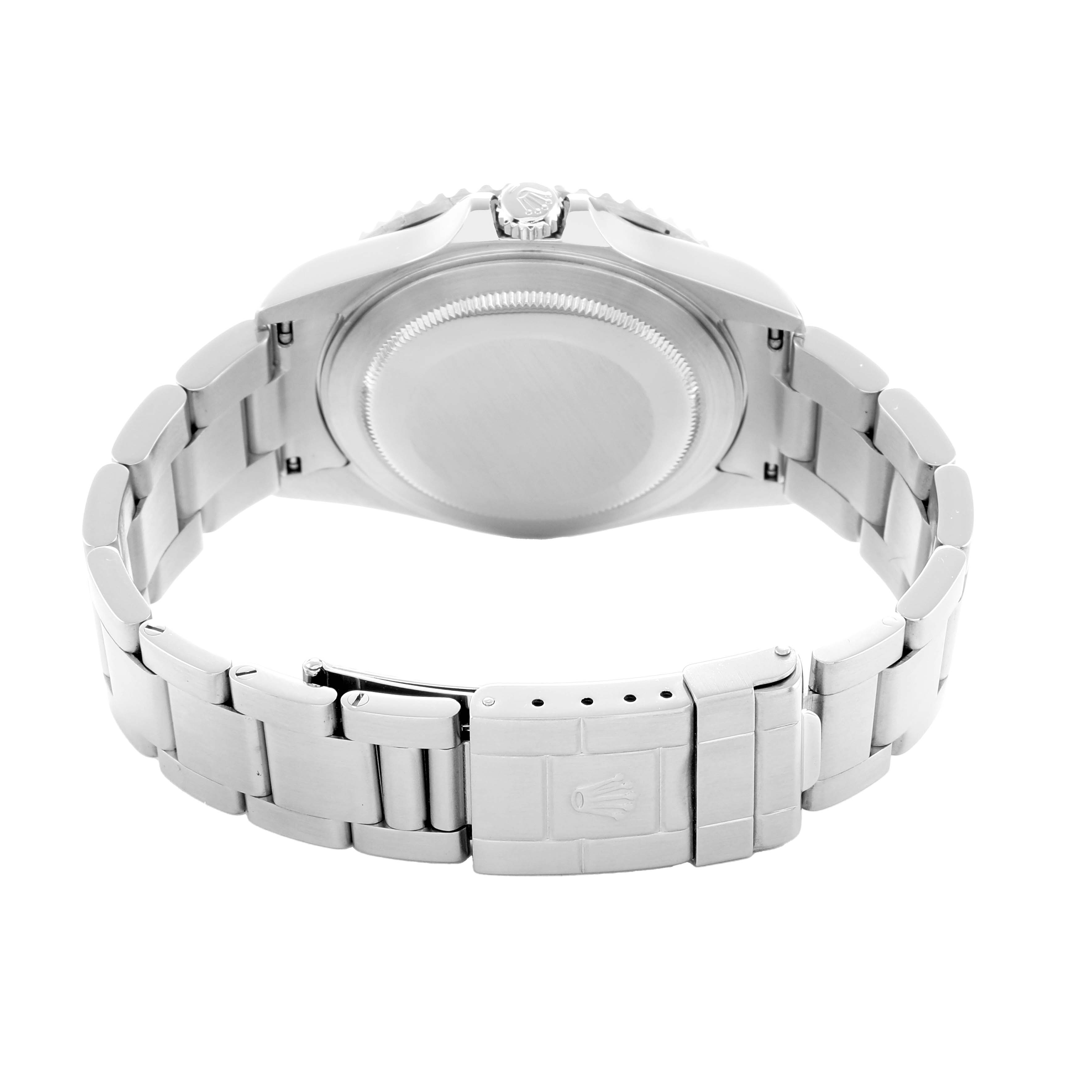 The image shows the back view of a Rolex GMT-Master 16710 Men
s Stainless Steel Black Dial watch, highlighting the case back, bracelet, and clasp.