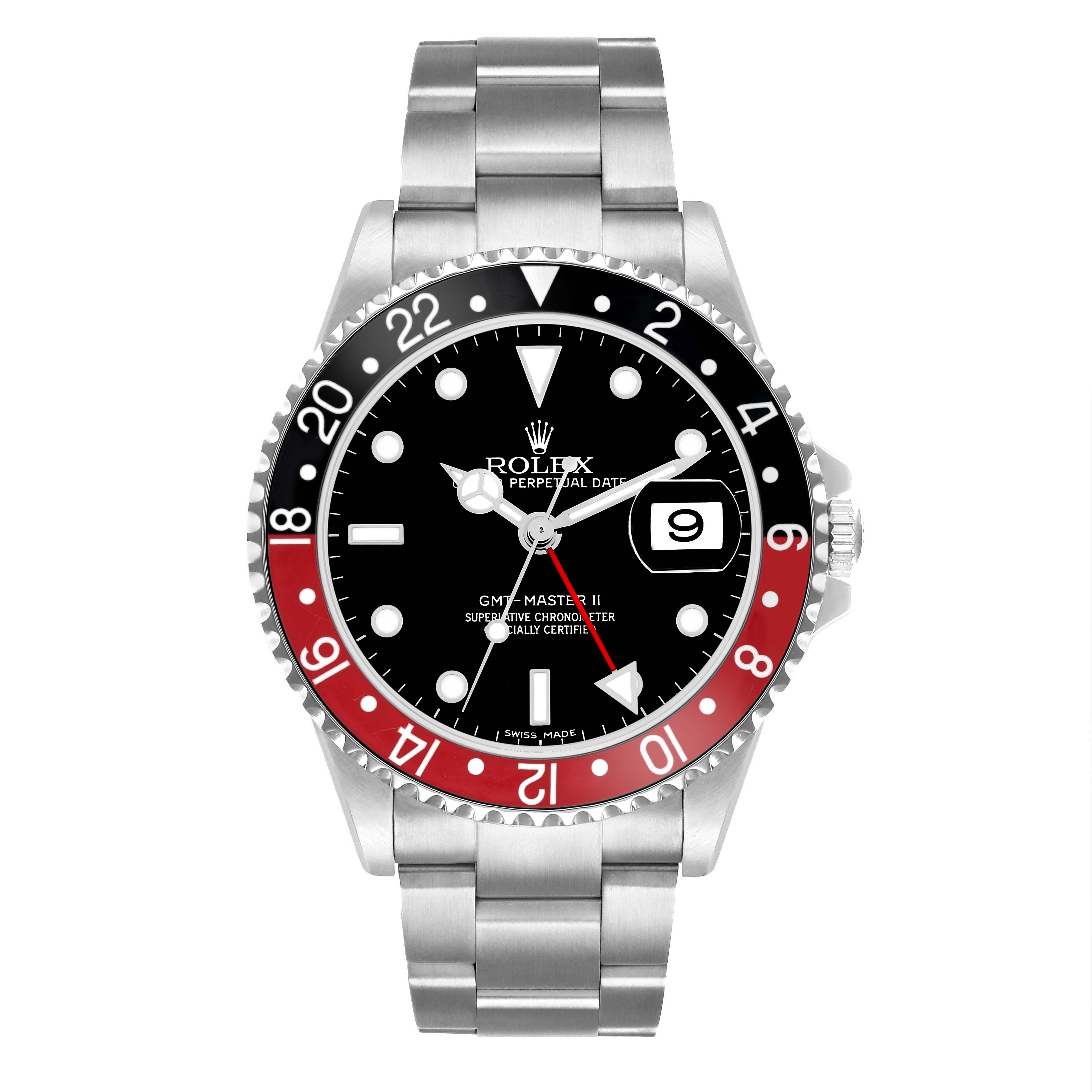 The Rolex GMT-Master 16710 Men
s Stainless Steel Black Dial model is shown from the front, highlighting the dial, bezel, bracelet, and crown.