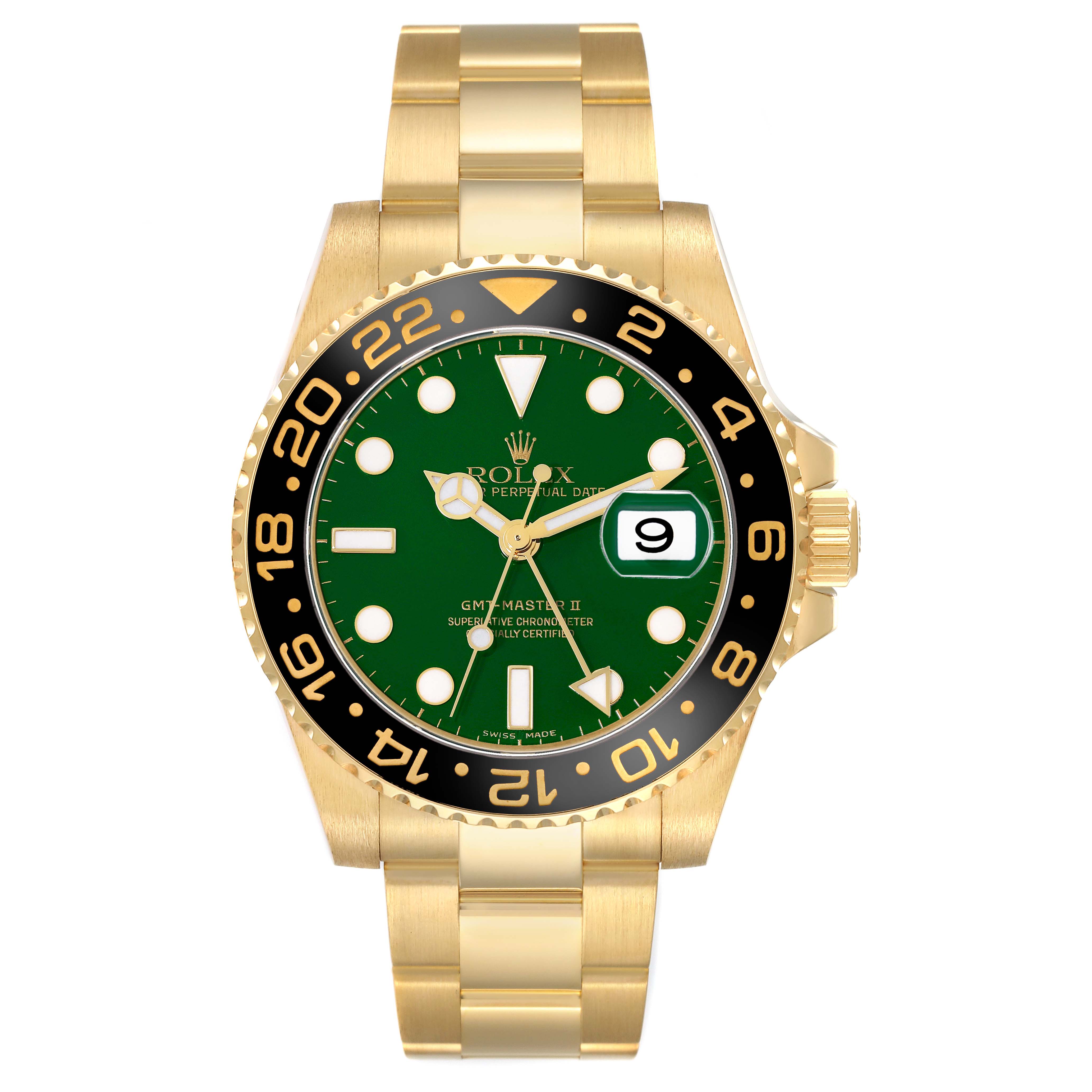 The Rolex GMT-Master 116718 Men's Yellow Gold Green Dial watch is shown from a front angle, highlighting its green dial, gold case, bezel, and bracelet.