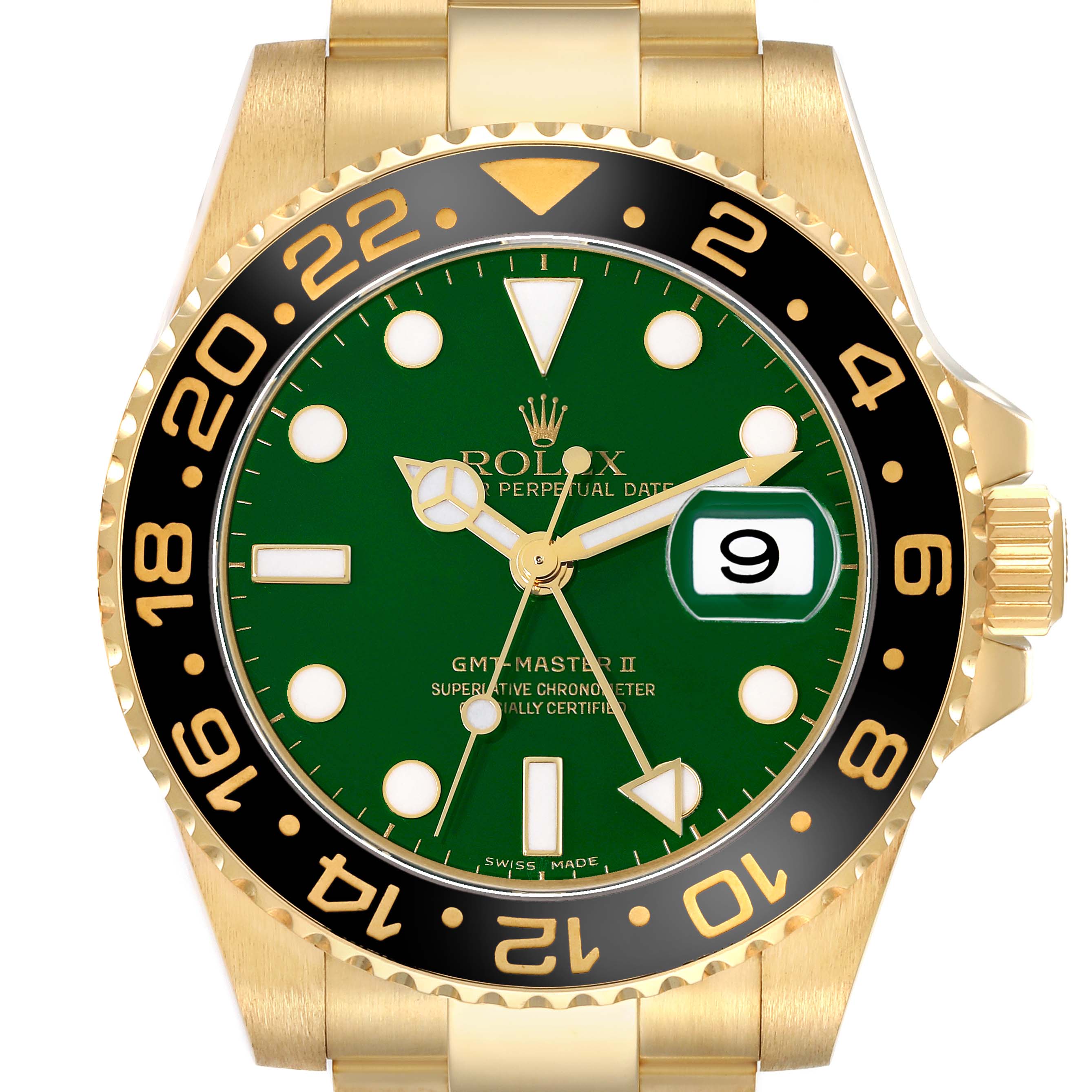 The image shows a front view of the Rolex GMT-Master 116718 Men's Yellow Gold Green Dial II watch, highlighting the green dial, black bezel, and gold accents.