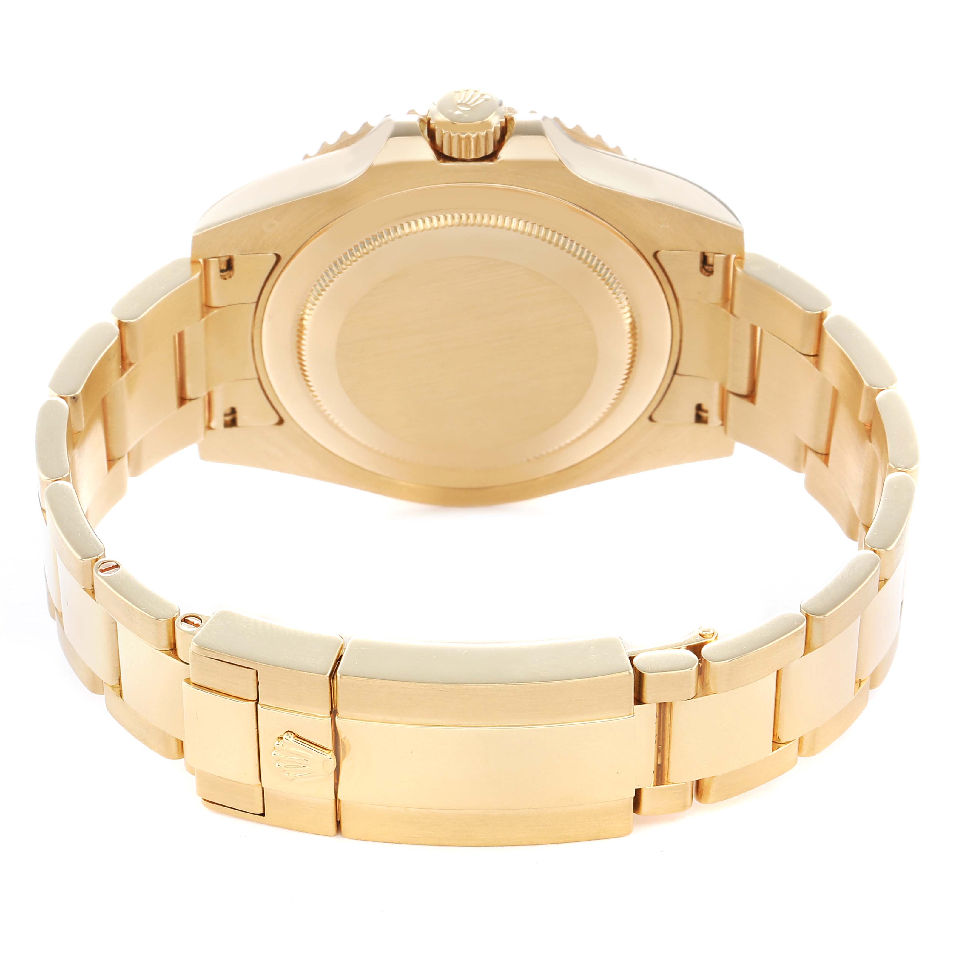 The image shows the back and clasp of a Rolex GMT-Master 116718 Men's Yellow Gold Green Dial, highlighting its bracelet and caseback.