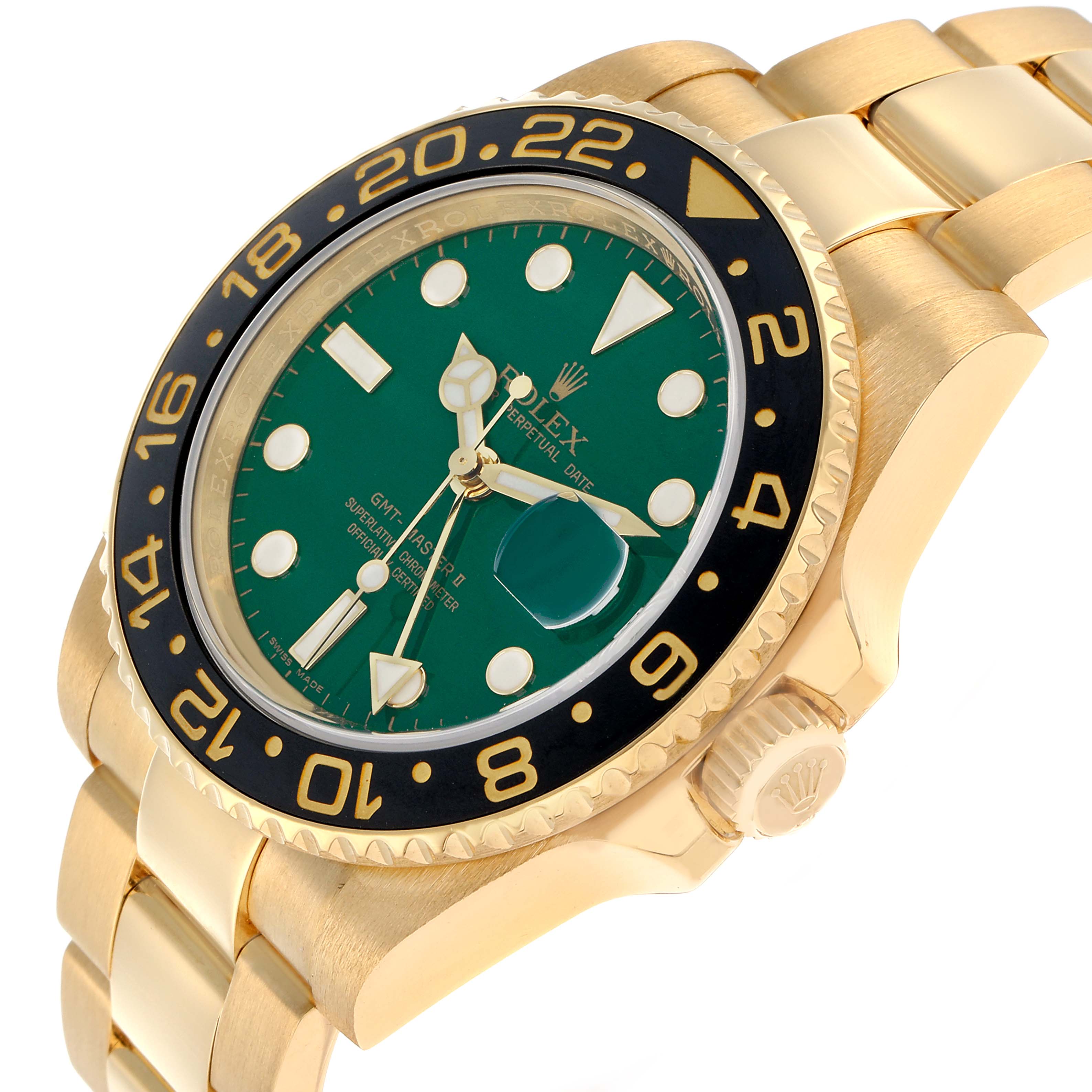 The Rolex GMT-Master 116718 Men's Yellow Gold Green Dial watch is shown from an angled view, highlighting the green dial, black bezel with gold numerals, and the gold bracelet.