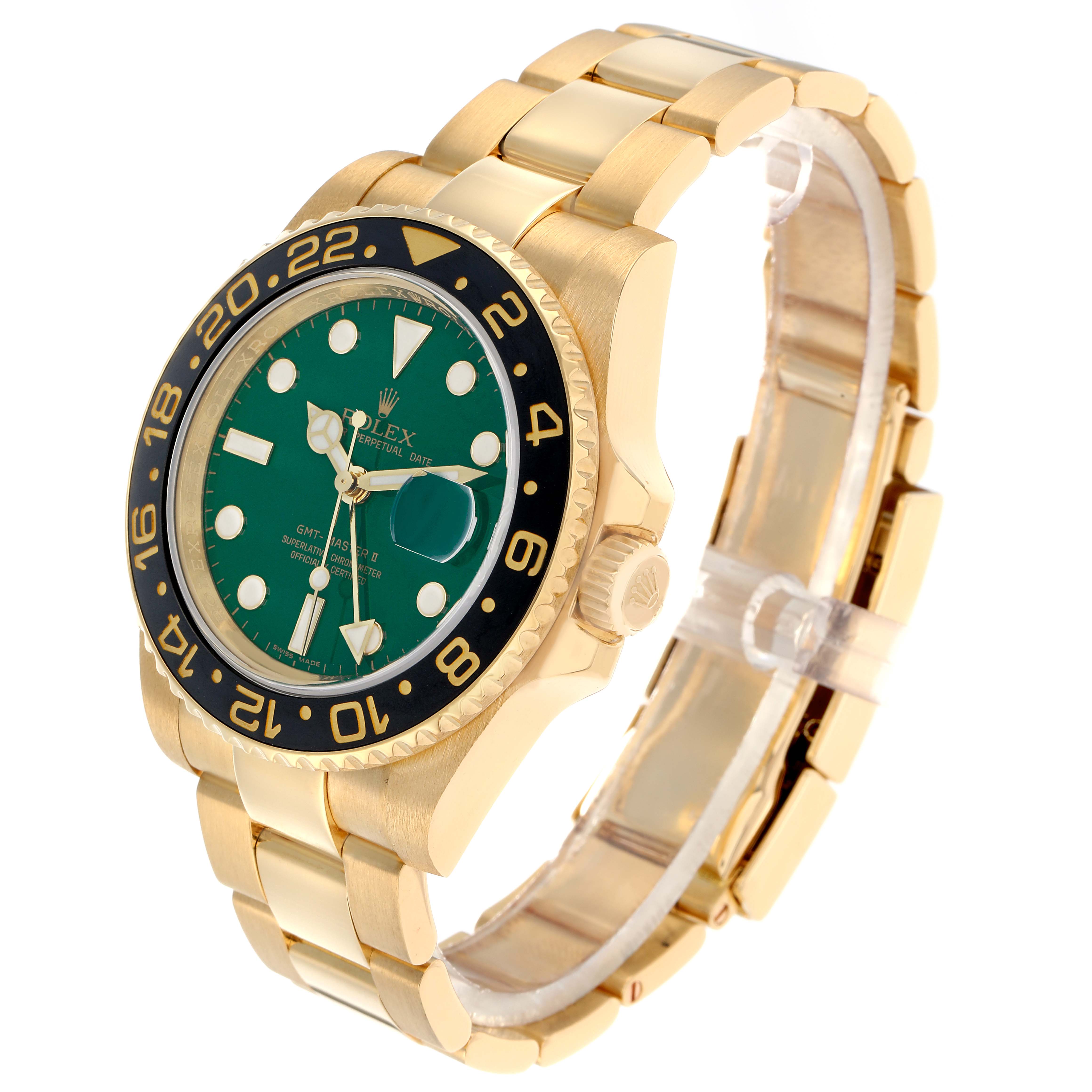 The Rolex GMT-Master 116718 Men's Yellow Gold Green Dial watch is shown at a three-quarter angle, highlighting the bezel, dial, and bracelet.