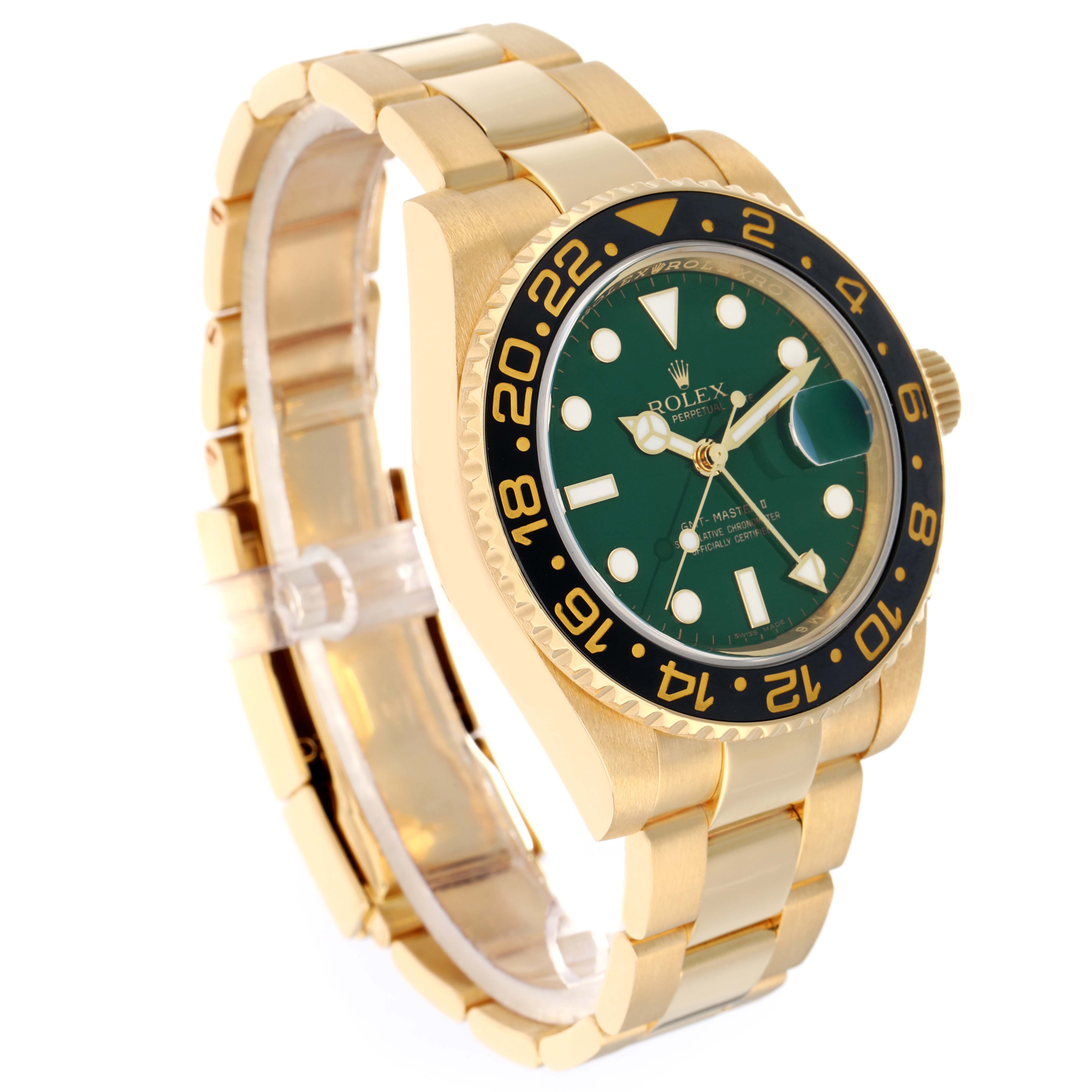 The Rolex GMT-Master 116718 Men's Yellow Gold Green Dial watch is shown at an angled side view, displaying the bracelet, bezel, and dial.