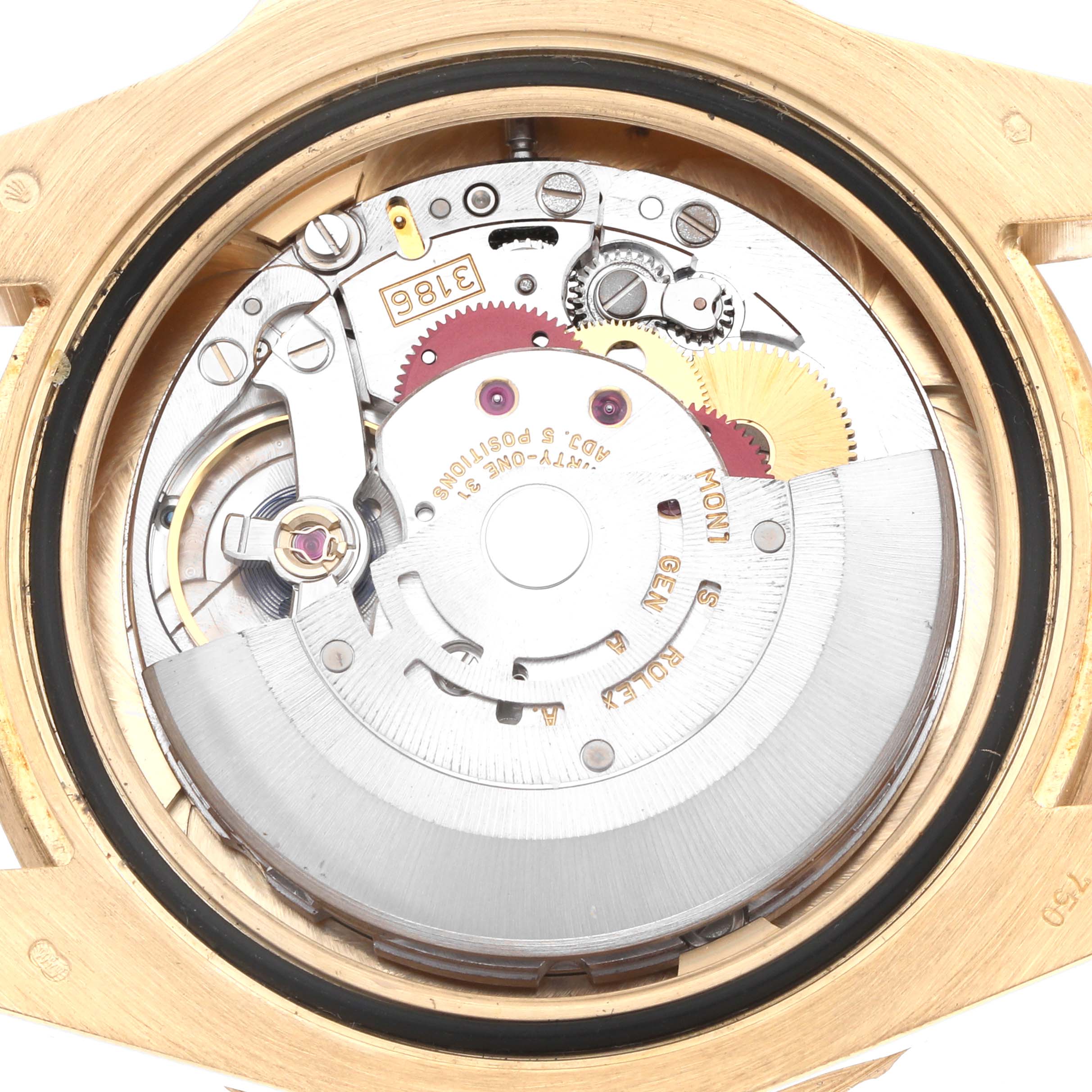 The image shows the movement of a Rolex GMT-Master 116718 Men's Yellow Gold Green Dial watch from a rear angle, highlighting the rotor and gears.