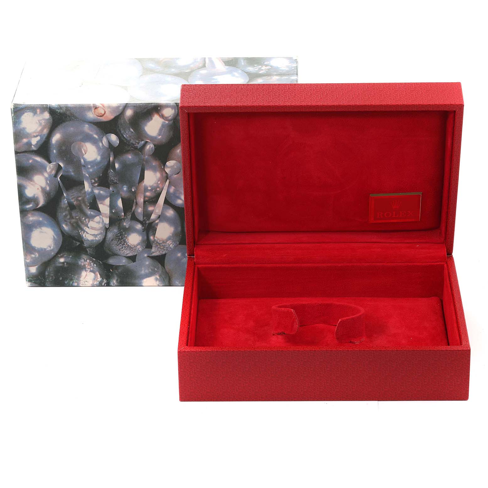 This image shows an empty red Rolex Pearlmaster 80319 Women's White Gold Mother of Pearl Dial 80319 Women's White Gold Mother of Pearl Dial watch box with its lid open, alongside a decorative outer box.