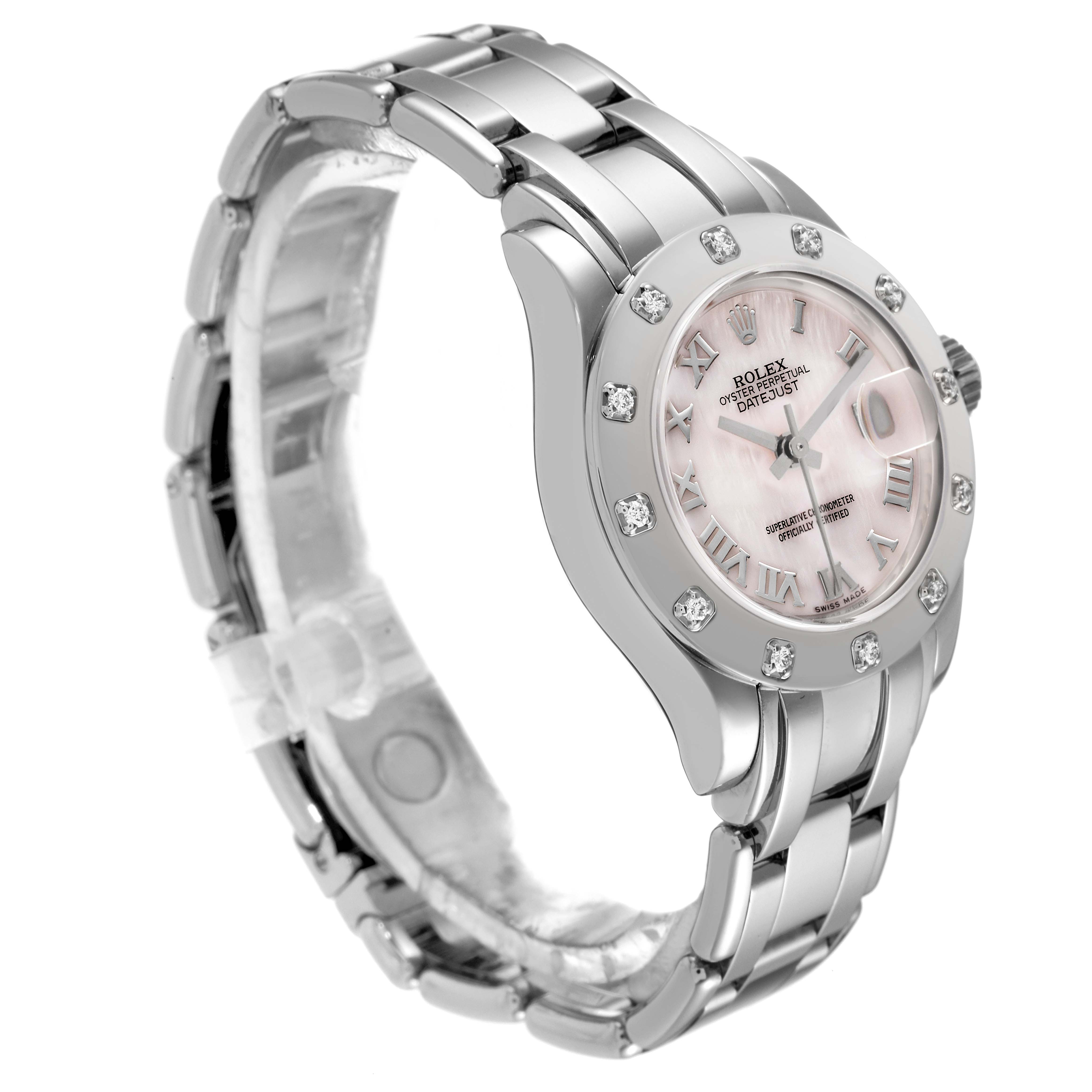 The image shows a Rolex Pearlmaster 80319 Women's White Gold Mother of Pearl Dial 80319 Women's White Gold Mother of Pearl Dial watch at a three-quarter angle, highlighting the bracelet, bezel, and dial.