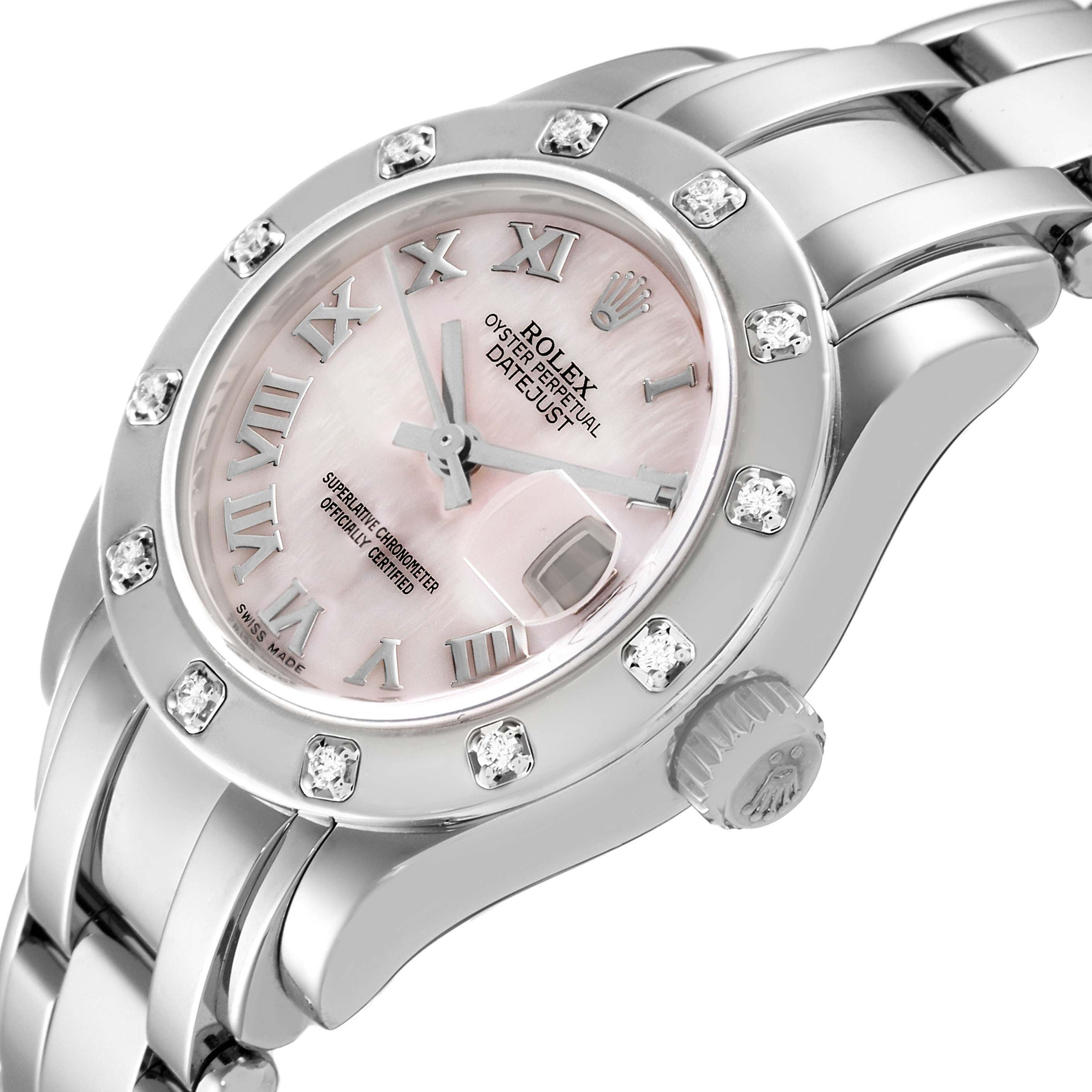 The image shows a side angle view of a Rolex Pearlmaster 80319 Women's White Gold Mother of Pearl Dial 80319 Women's White Gold Mother of Pearl Dial watch, highlighting its face, bezel, and partial bracelet.
