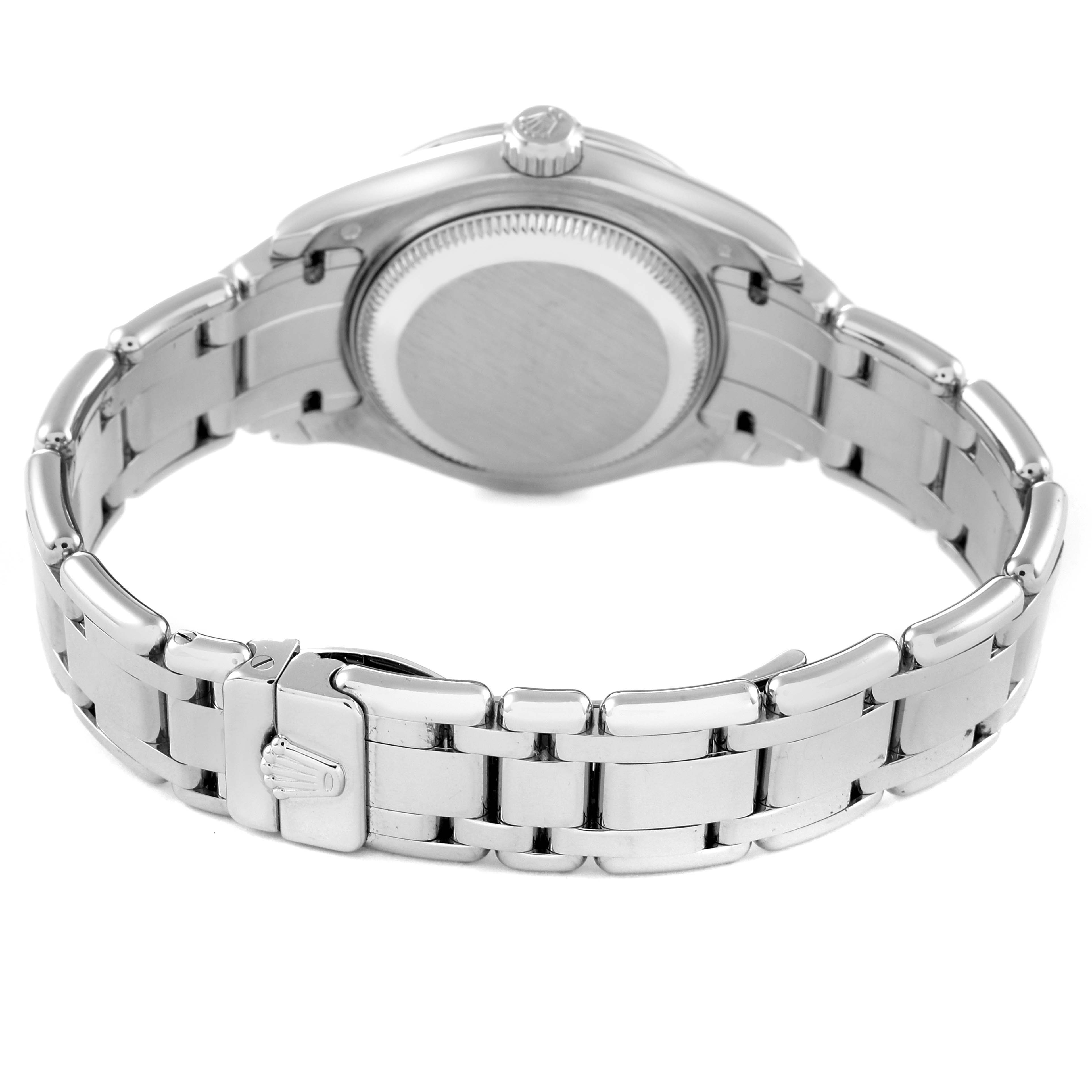 This image shows the back case, crown, and bracelet of a Rolex Pearlmaster 80319 Women's White Gold Mother of Pearl Dial 80319 Women's White Gold Mother of Pearl Dial watch from a rear angle.