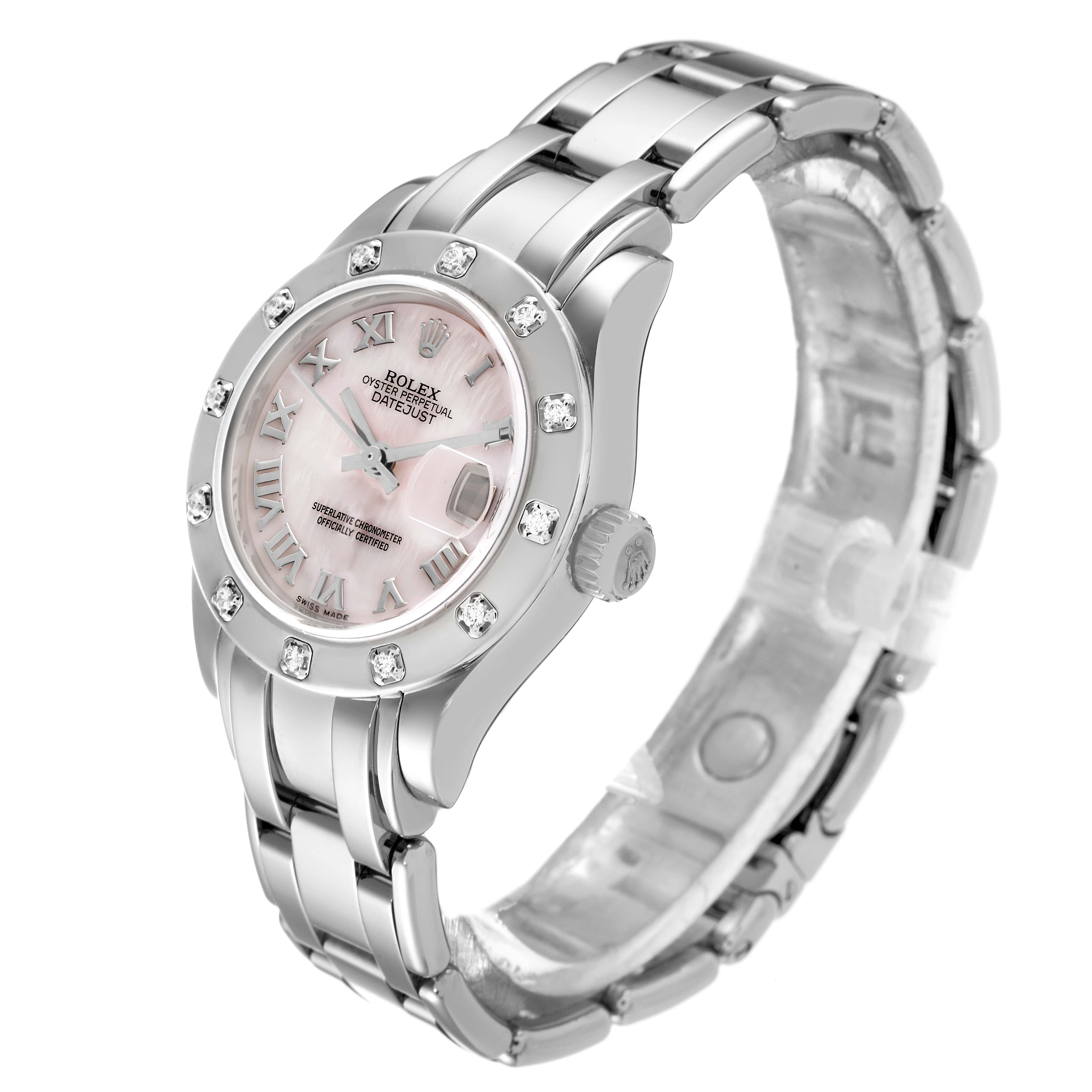 This is a Rolex Pearlmaster 80319 Women's White Gold Mother of Pearl Dial 80319 Women's White Gold Mother of Pearl Dial watch shown from a side angle, displaying the face, bezel, crown, and bracelet.