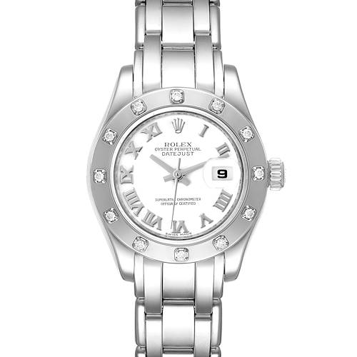 Photo of Rolex Masterpiece Pearlmaster White Gold Roman Dial Diamond Watch 80319 Box Card