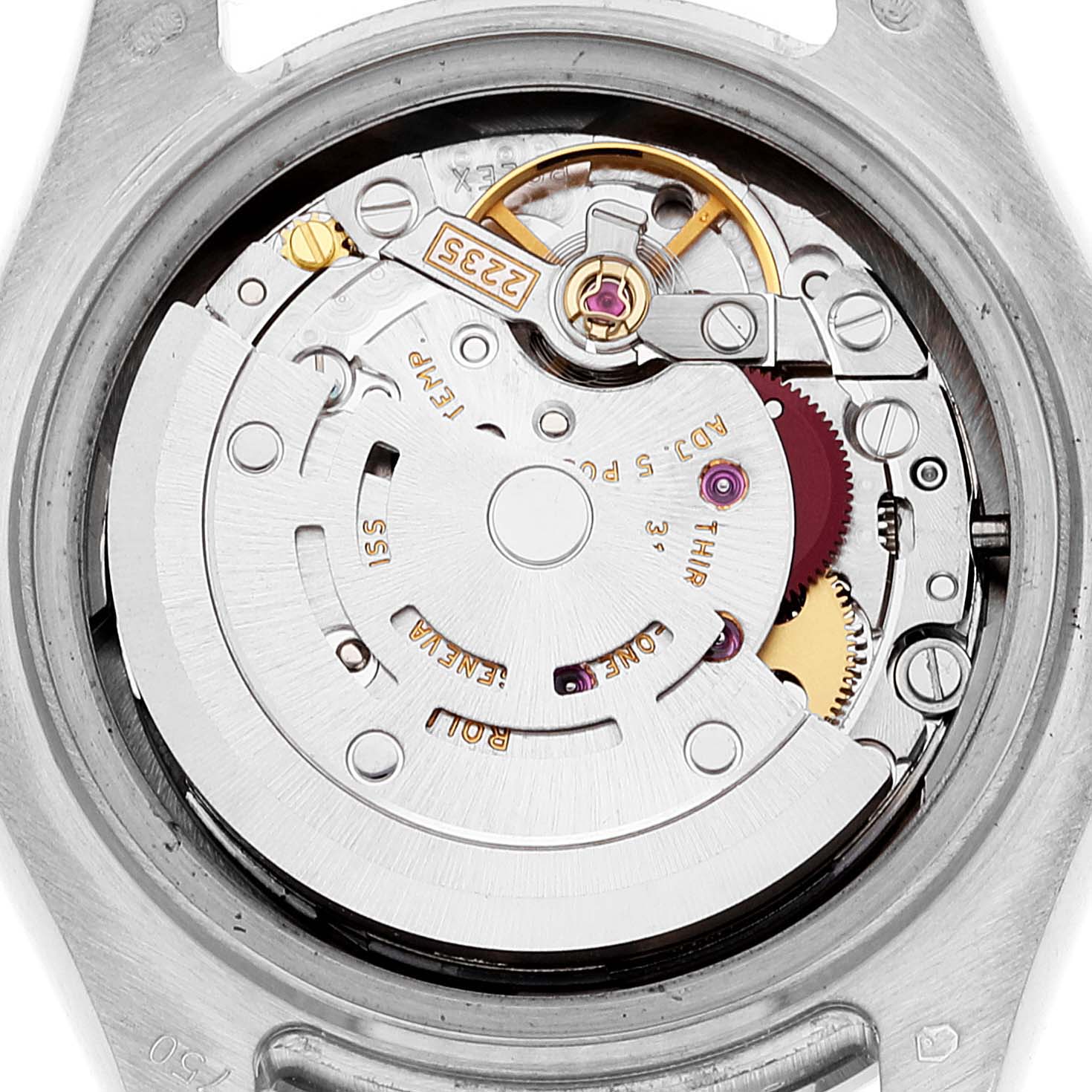 The image shows the internal movement of a Rolex Pearlmaster 80319 Women's White Gold White Dial 80319 Women's White Gold White Dial watch from a back angle, revealing its intricate mechanisms.