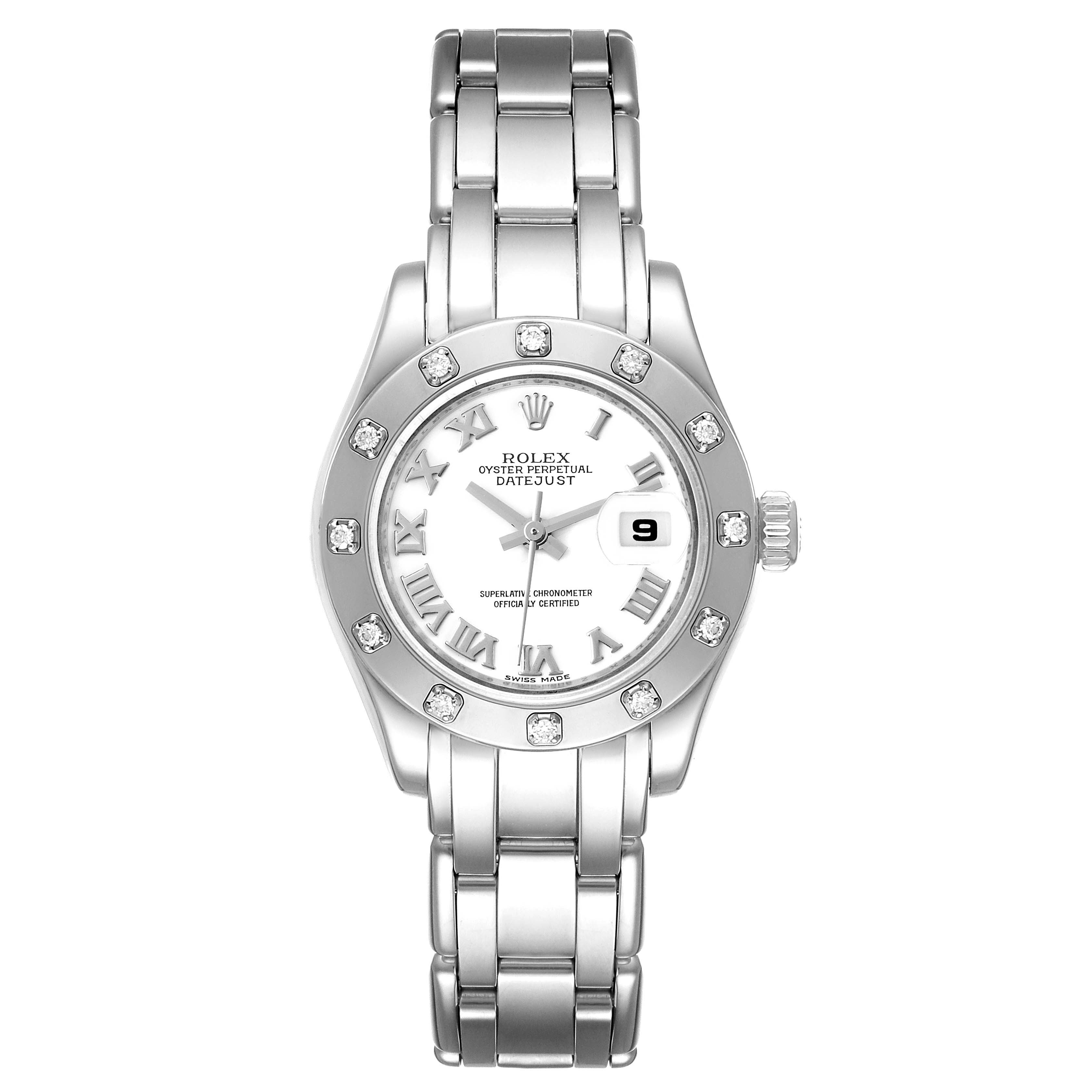 This image shows a front view of a Rolex Pearlmaster 80319 Women's White Gold White Dial 80319 Women's White Gold White Dial watch, highlighting its dial, bezel, bracelet, and date window.