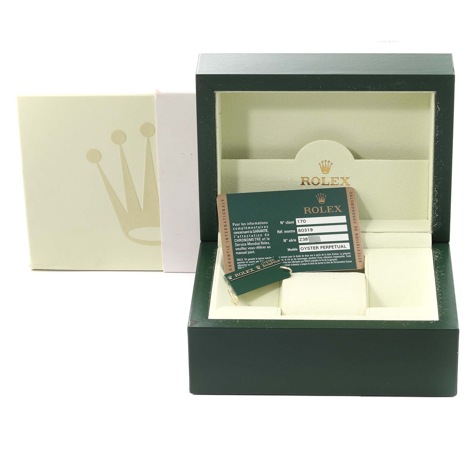 This image shows a Rolex Pearlmaster 80319 Women's White Gold White Dial 80319 Women's White Gold White Dial box with its certificate and accessories from a front angle.