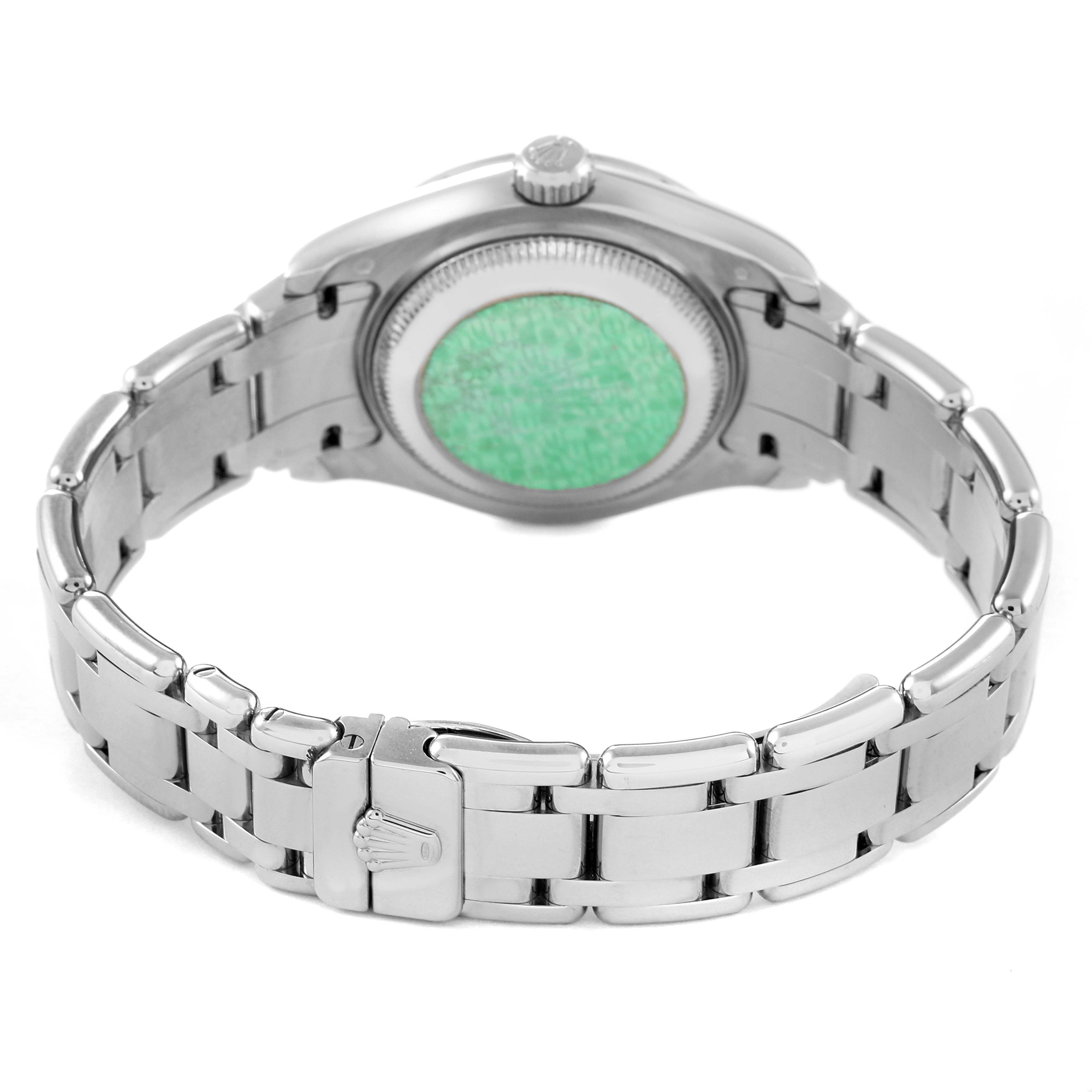 This image shows the back view of a Rolex Pearlmaster 80319 Women's White Gold White Dial 80319 Women's White Gold White Dial watch, highlighting its clasp, bracelet, and case back.