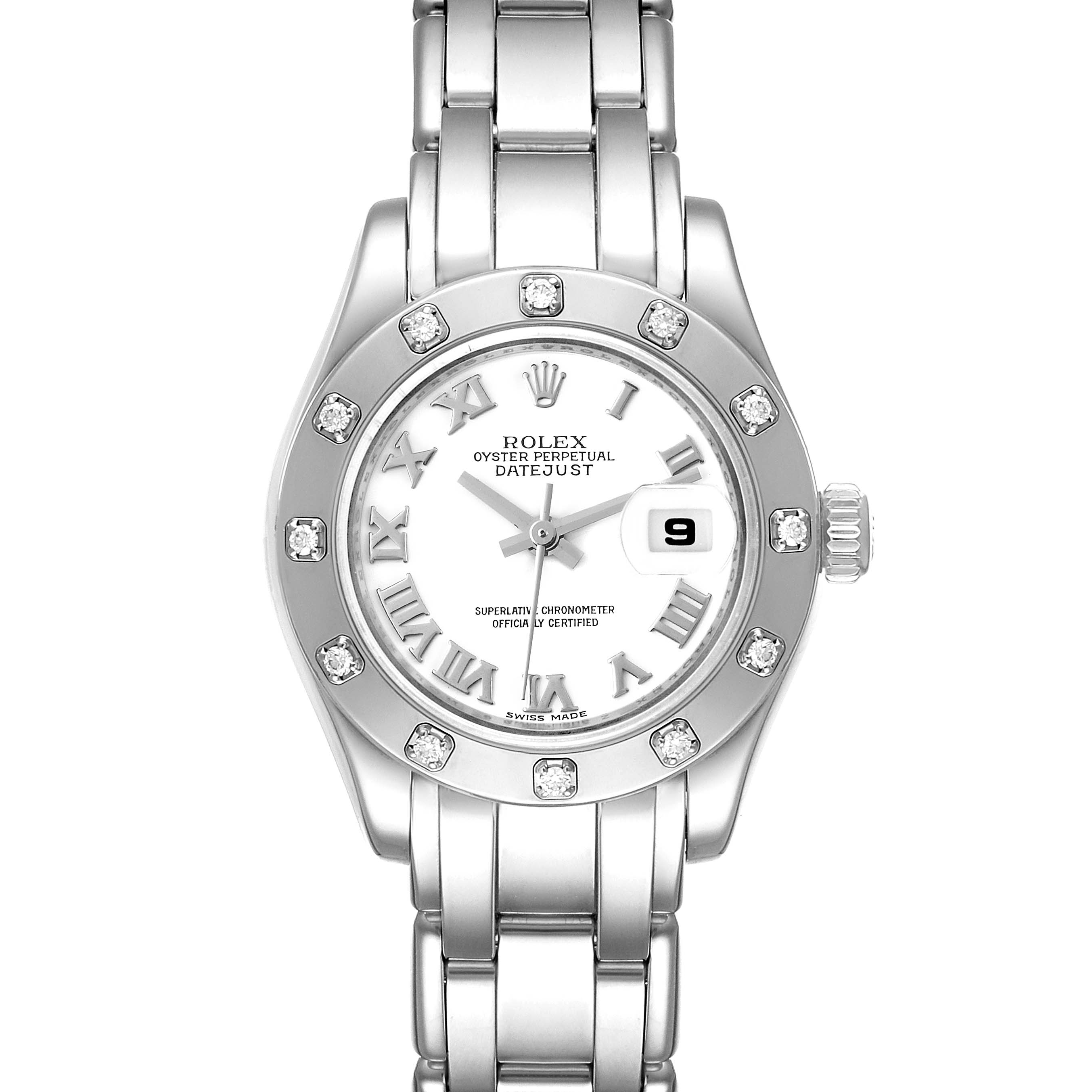 The image shows a front view of a Rolex Pearlmaster 80319 Women's White Gold White Dial 80319 Women's White Gold White Dial model watch, detailing the face, bezel, and bracelet.