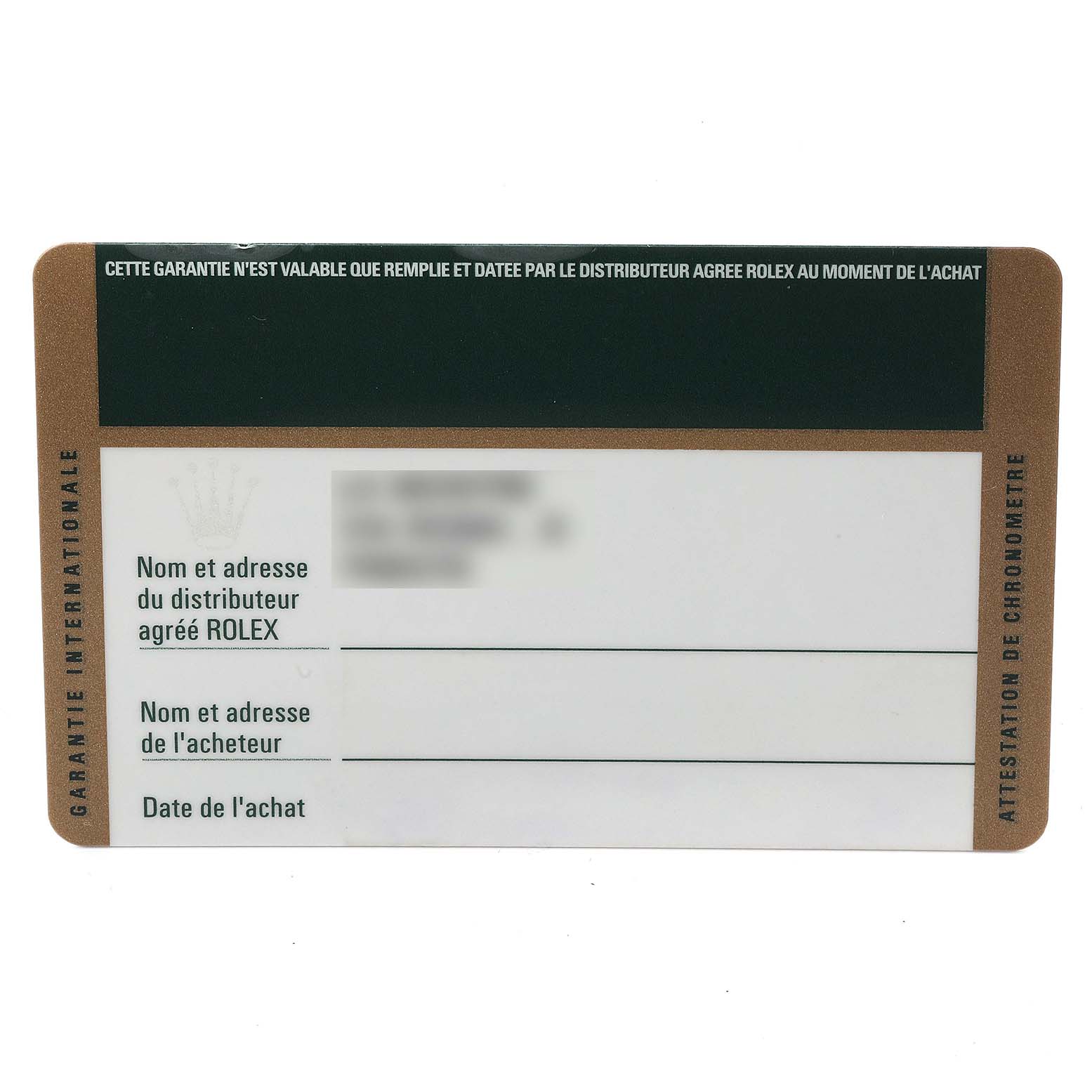 This image shows a warranty card for a Rolex Pearlmaster 80319 Women's White Gold White Dial 80319 Women's White Gold White Dial watch, displaying the warranty details and required information fields.